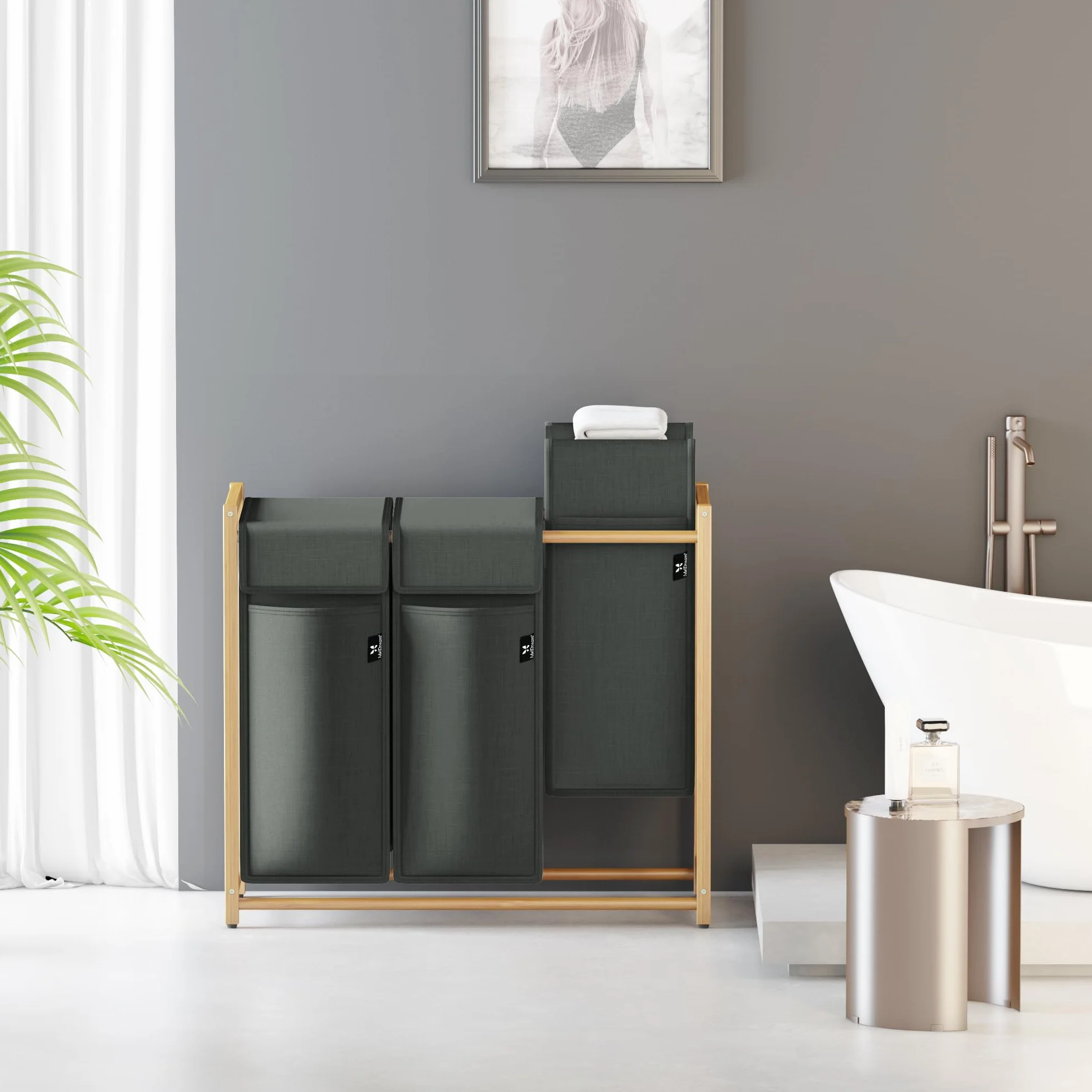 AdelDream Cesto per Biancheria, Separatore per Vestiti, 3 Scomparti, Carrello per Biancheria con Tasche Rimovibili, Bambù 150 L, Grigio Scuro