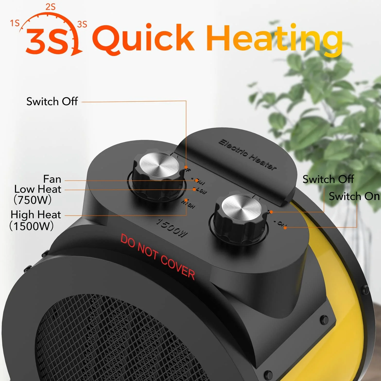 Riscaldatori per ambienti interni, riscaldamento elettrico PTC 1500W con angolo regolabile di 90°, riscaldamento rapido di sicurezza, piccolo riscaldatore portatile per ufficio e casa (giallo)