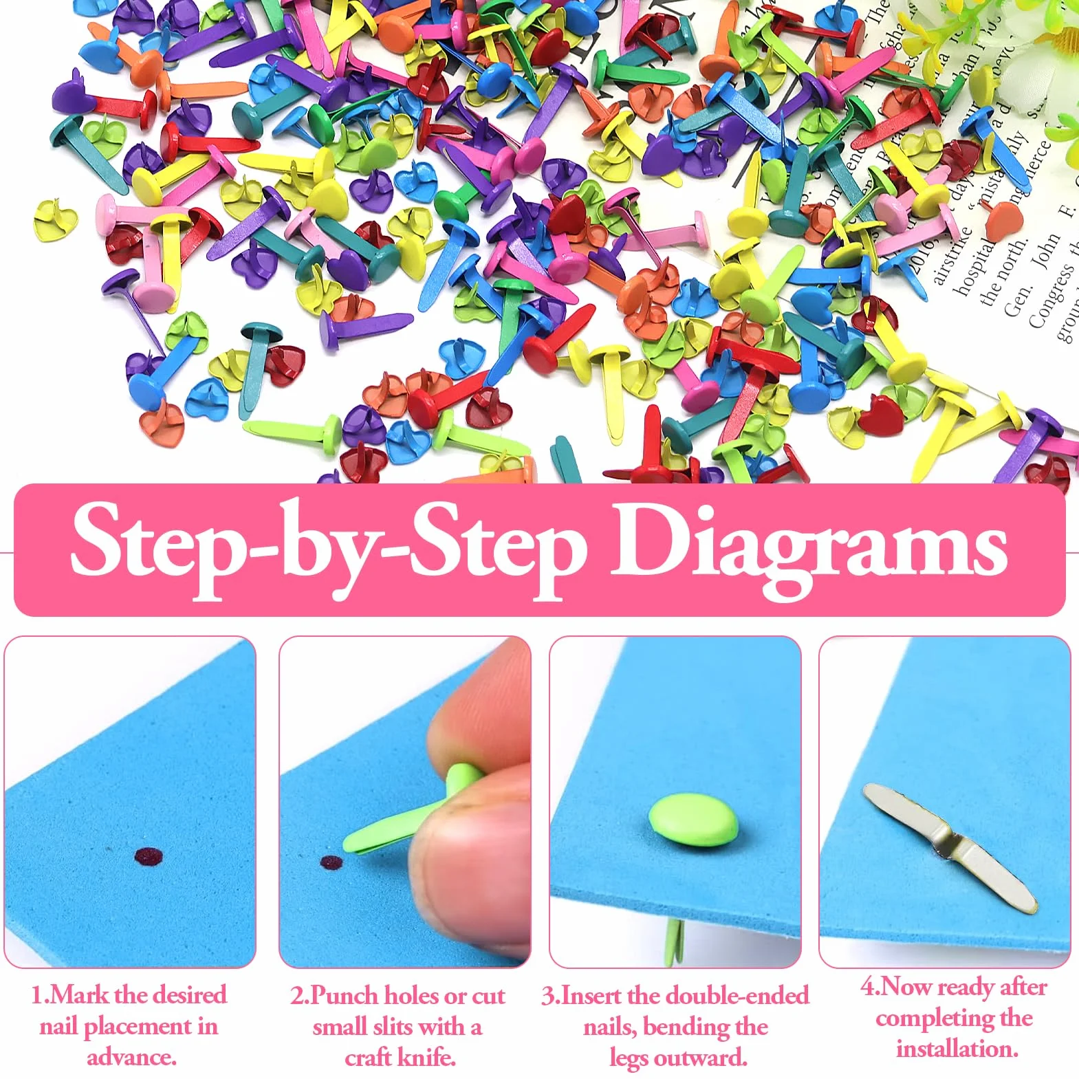 Fermacampioni multicolori pastello 200 pezzi, rotondi e a cuore per scrapbooking biglietti artigianato