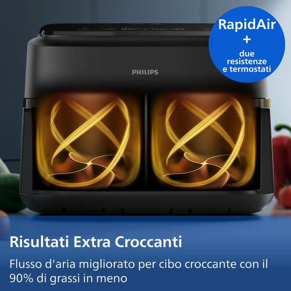 Philips Airfryer Serie 1000, Friggitrice ad aria con singolo/doppio cestello flexi da 7.1L e separatore, doppia resistenza e termostasti separati, RapidAir, 10 modalità, compatto, HomeID (NA154/00)