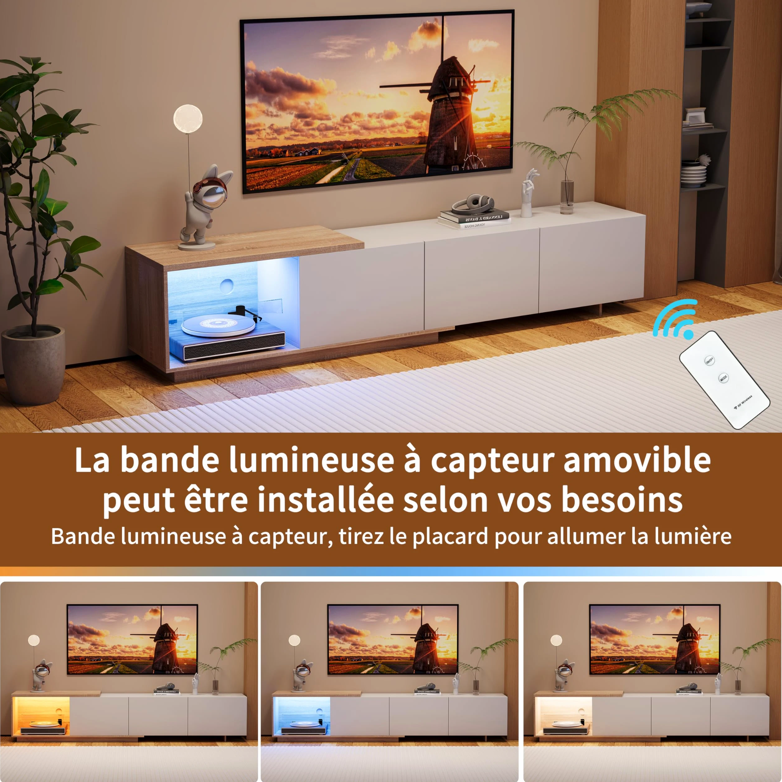 Mobile porta TV allungabile, mobile porta TV 240 cm di lunghezza con illuminazione LED, 3 cassetti, mobile TV in legno, mobili TV per televisioni da 65 pollici, mobili TV moderni per soggiorno o