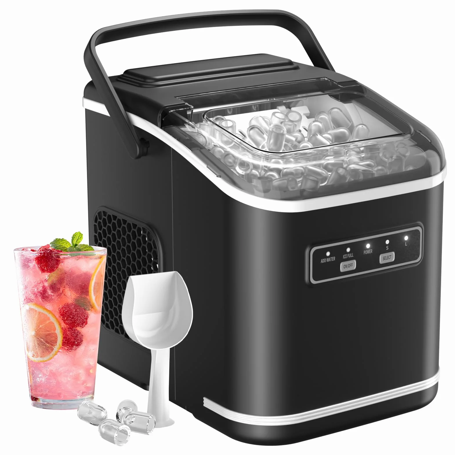 Macchina Ghiaccio 12kg/24h, Autopulente Macchina per il Ghiaccio Casa 1,5L, Silenzioso, 9 Cubetti in 6 Minuti, Ice Maker con Maniglia/Paletta/Cestello, Nero