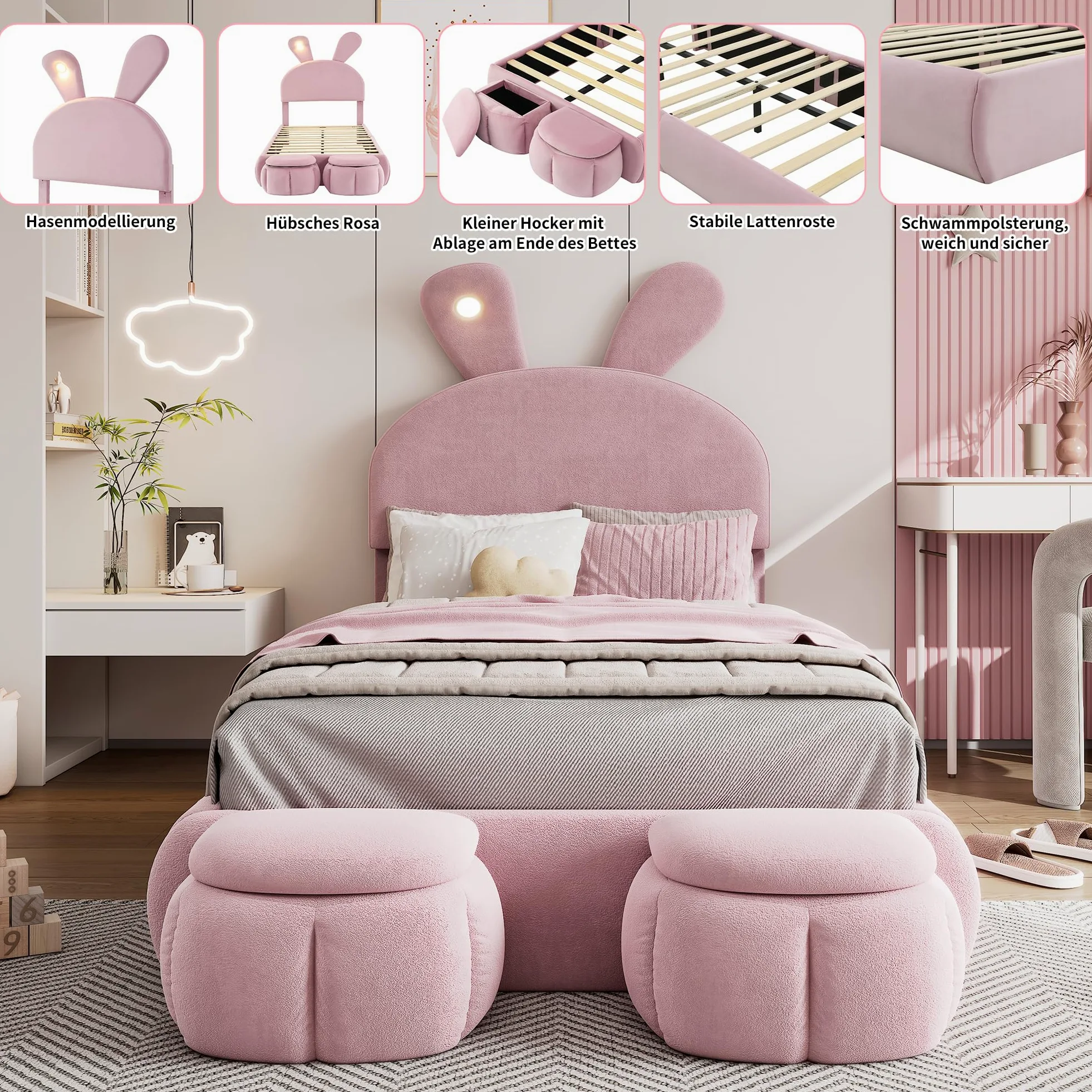 Letto Imbottito per Bambini 90 * 200cm con Due Sgabelli Contenitore, Orecchie di Coniglio con Luce LED, Lettos Singolo con Doghe in Legno, Velluto, Rosa