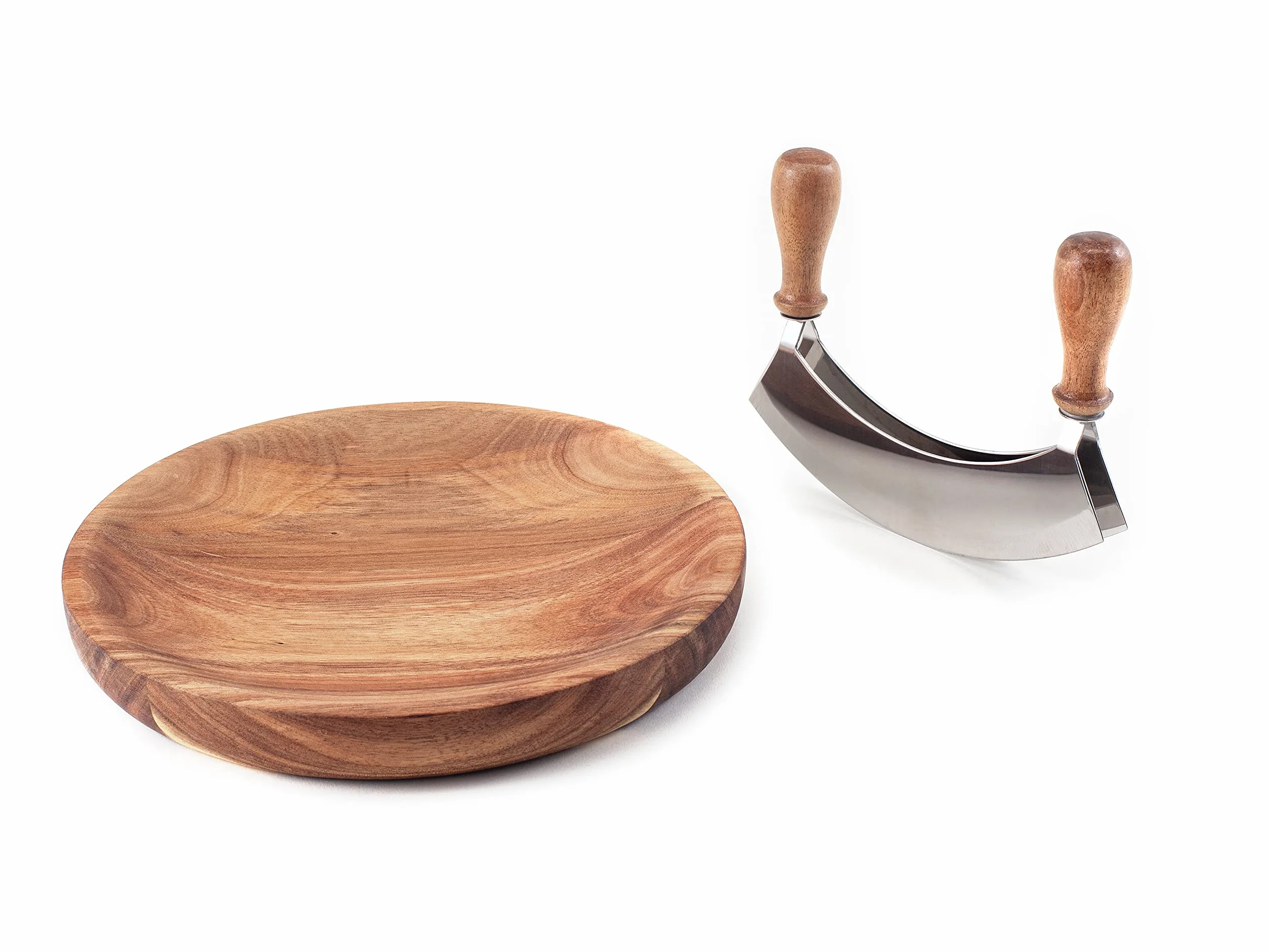 Hanseküche Tritatutto con Tagliere Certificato FSC, Coltello a Doppia Lama, Coltello Pieghevole in Acciaio Inox Affilato con Tagliere in Legno di Acacia, per Erbe e Spezie, Mezzaluna