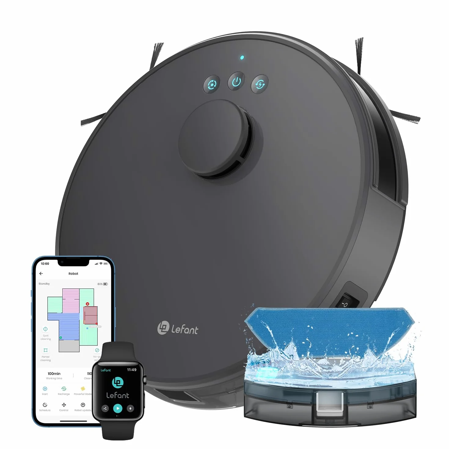 Lefant M1 Robot Aspirapolvere Lavapavimenti con Mappatura Laser dToF, Doppia Spazzola Laterale, 5500Pa, Batteria 4000mAh 200 Min, Controllo APP Alexa Google, Design Slim per Case Moderne, Grigio