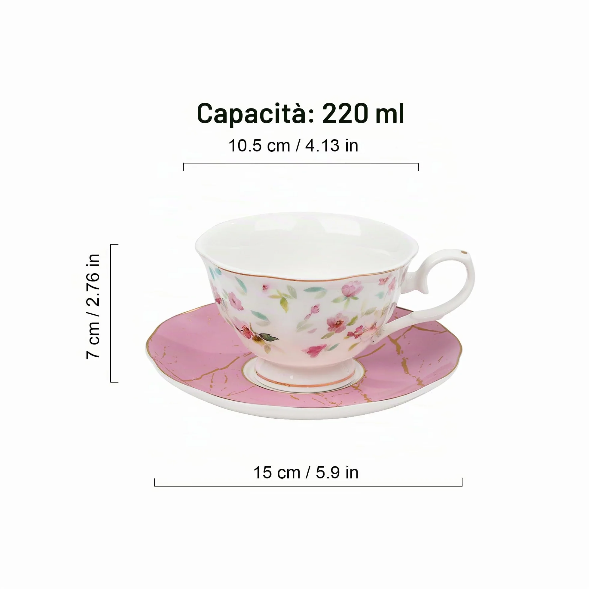 Fanquare Zestaw 6 Filizanek i Spodków Różowy, Serwis do Herbaty Porcelanowy w Kwiaty