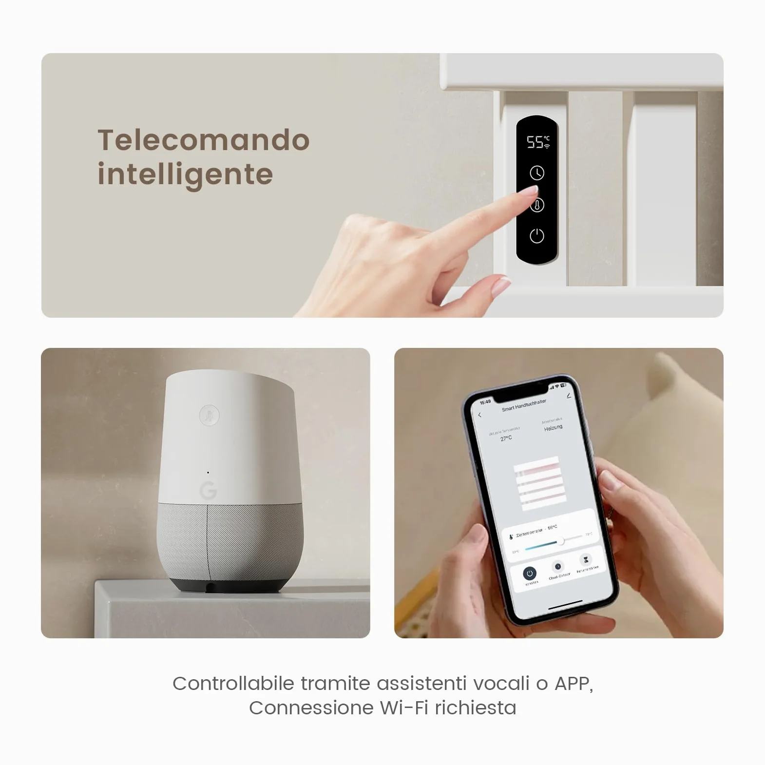 EMKE Scaldasalviette Elettrico 1000x500mm 320W Bianco, Lato Sinistro con Schermo Tattile, Controllo Wi-Fi e Funzione Timer