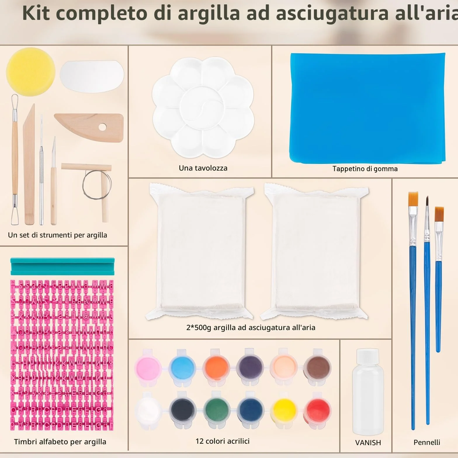JelyArt Ceramica Fai da te Kit Argilla Senza Cottura Creativo Adulti Include Argilla Strumenti Sculpting Vernice Timbri Alfabetici Guida