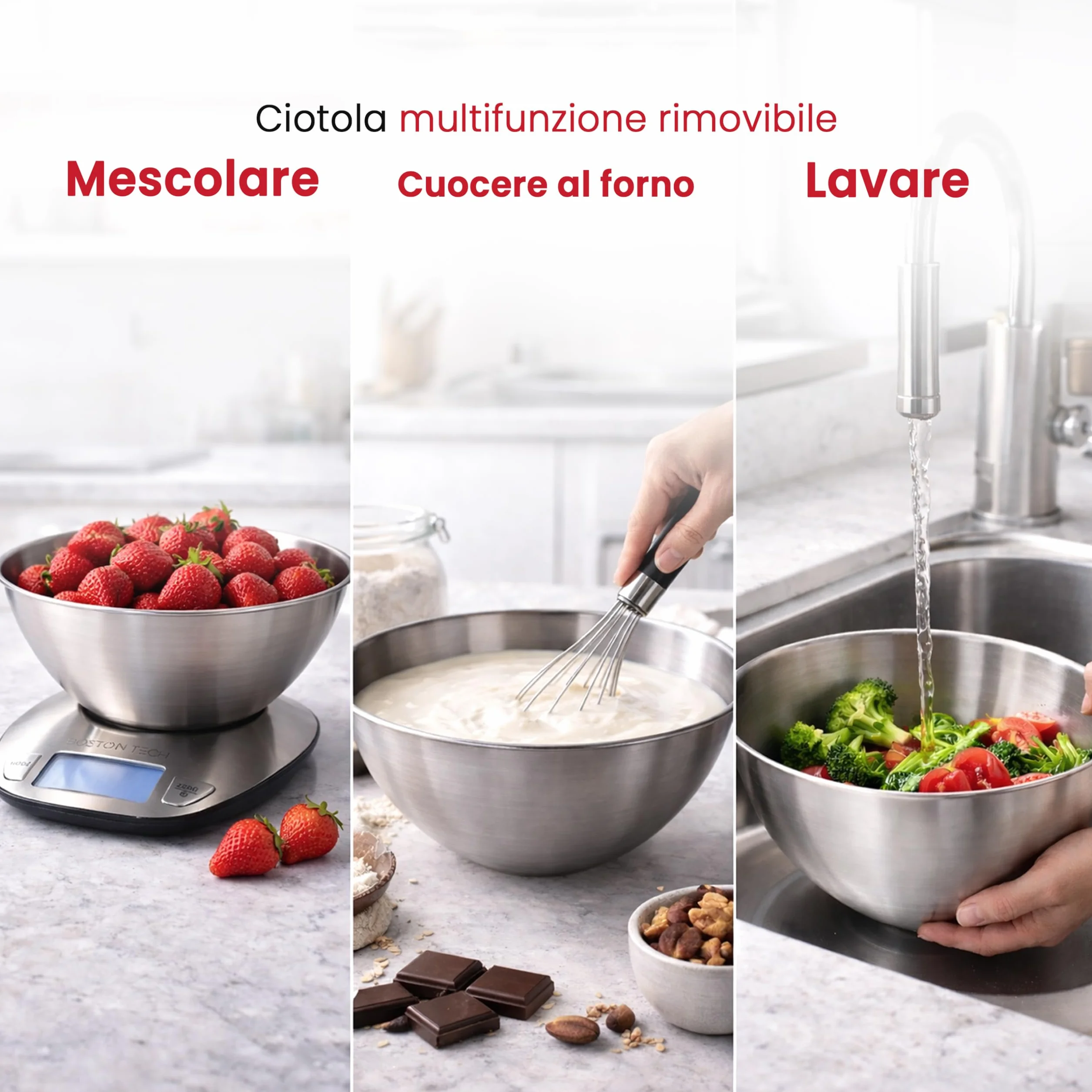 Boston Tech Bilancia Cucina Digitale con Ciotola Rimovibile in Acciaio Inox, Bilancia da Cucina 5 kg/1 g, Display LCD Retroilluminato, Funzione Tara, Batterie Incluse e Ricettario QR