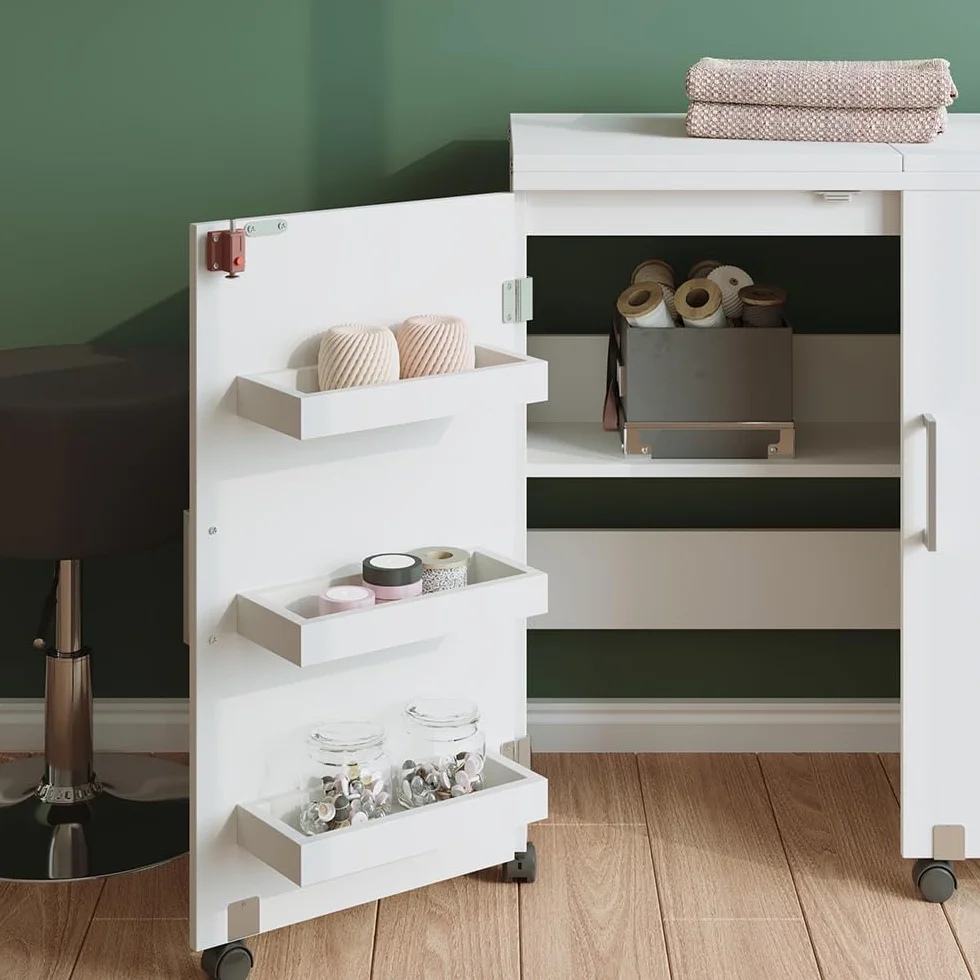 Vicco Tavolo da cucito Carmen Bianco 160x80.2 cm pieghevole con ruote