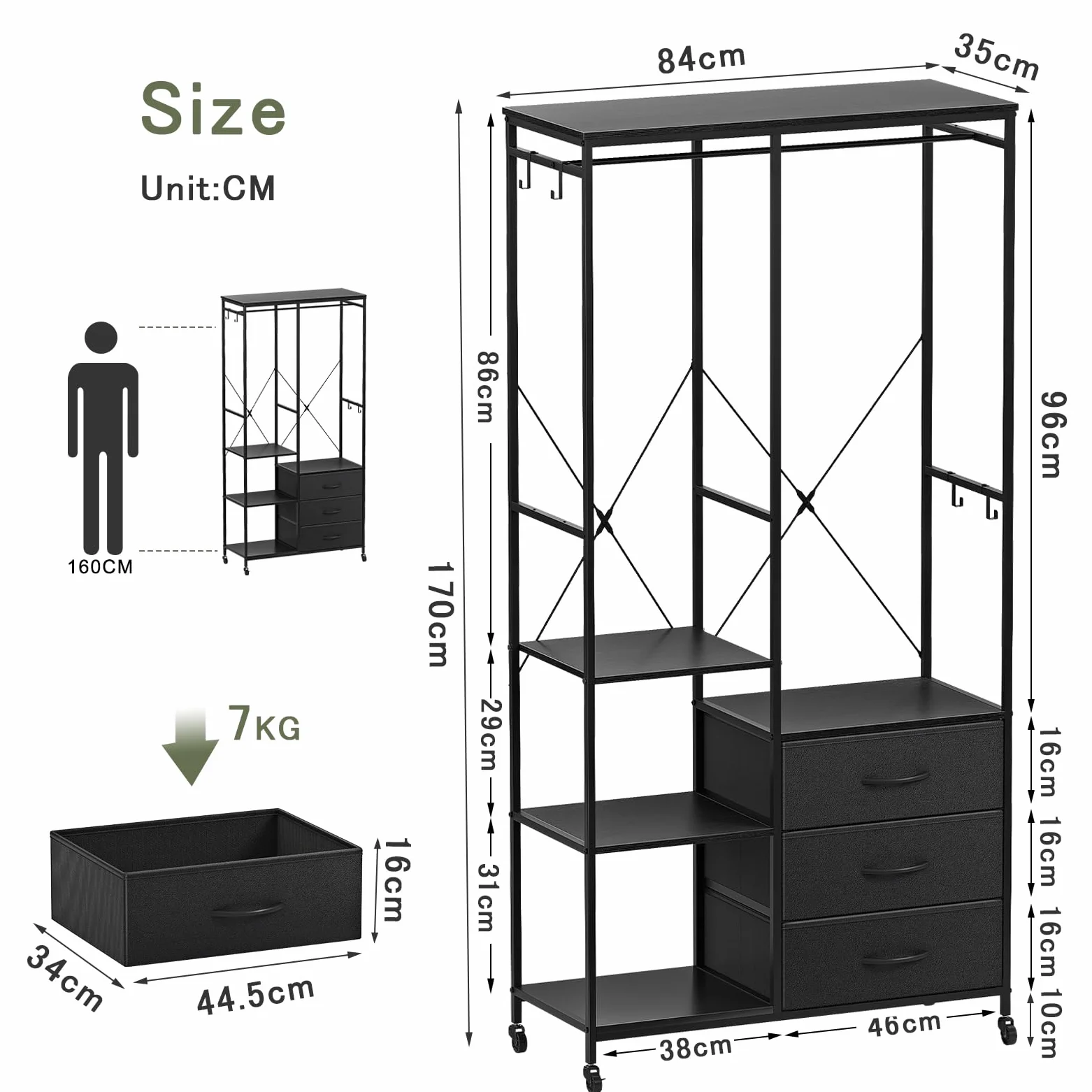 Appendiabiti con Cassetti, Stand Appendiabiti, Armadio Aperto, Guardaroba, Attaccapanni Moderno, Ripiani Regolabili, 4 Ganci, Nero