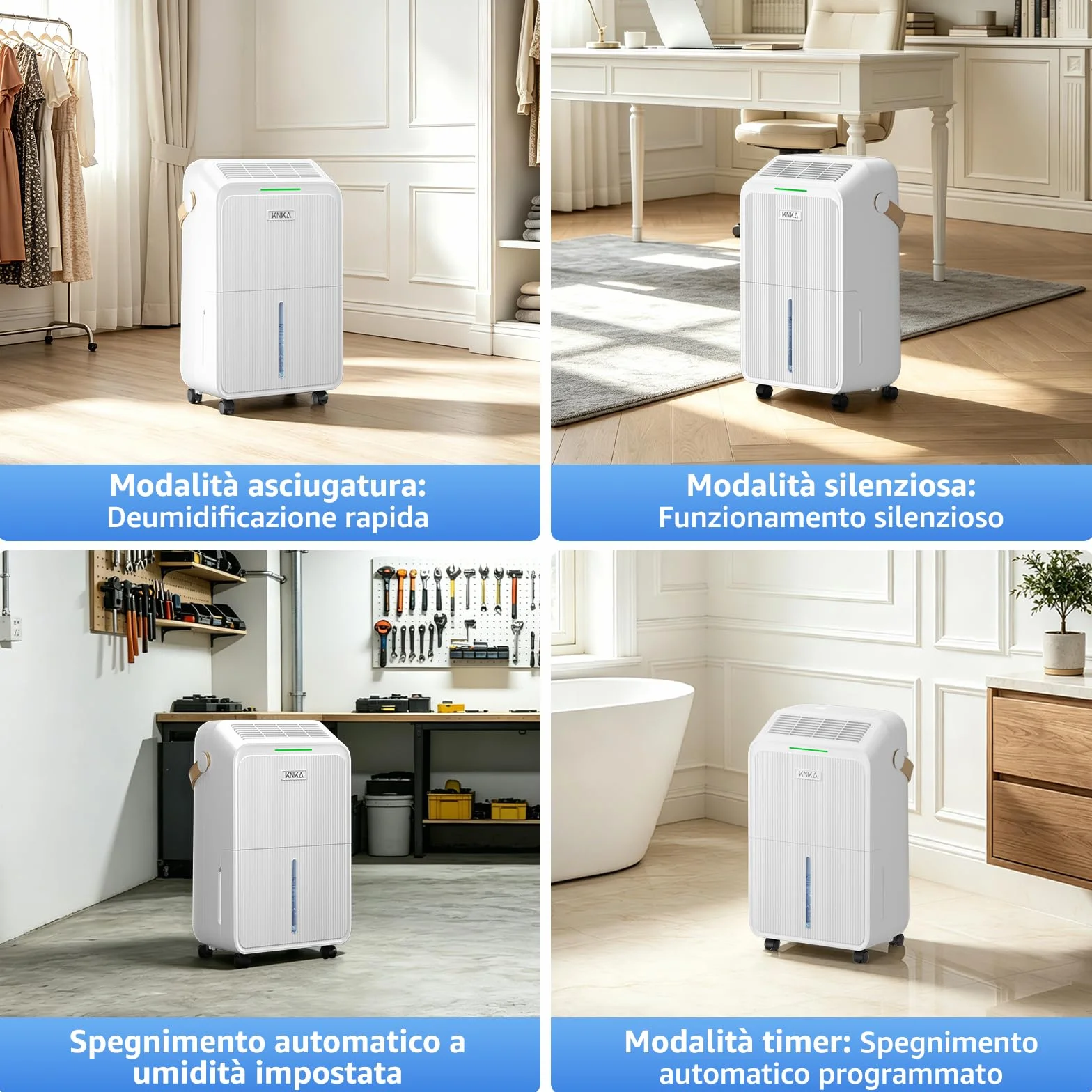 KNKA Deumidificatore, Deumidificatori Casa Muffa, 16L/24H, Serbatoio 3,3L, Basso Rumore, Basso Consumo, Sbrinamento Automatico, Blocco Bambini, Design Anti-Goccia, 4 Modalità, 80m³（32㎡）