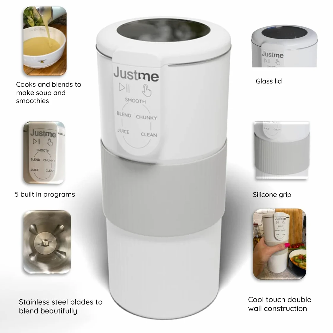JustMe. Il più piccolo produttore di zuppe, i risultati più grandi. Creatore di zuppe e frullatore per frullati. Pulizia automatica. Bianco. 5 programmi. Facile cottura sana. Leggero. Versione europea