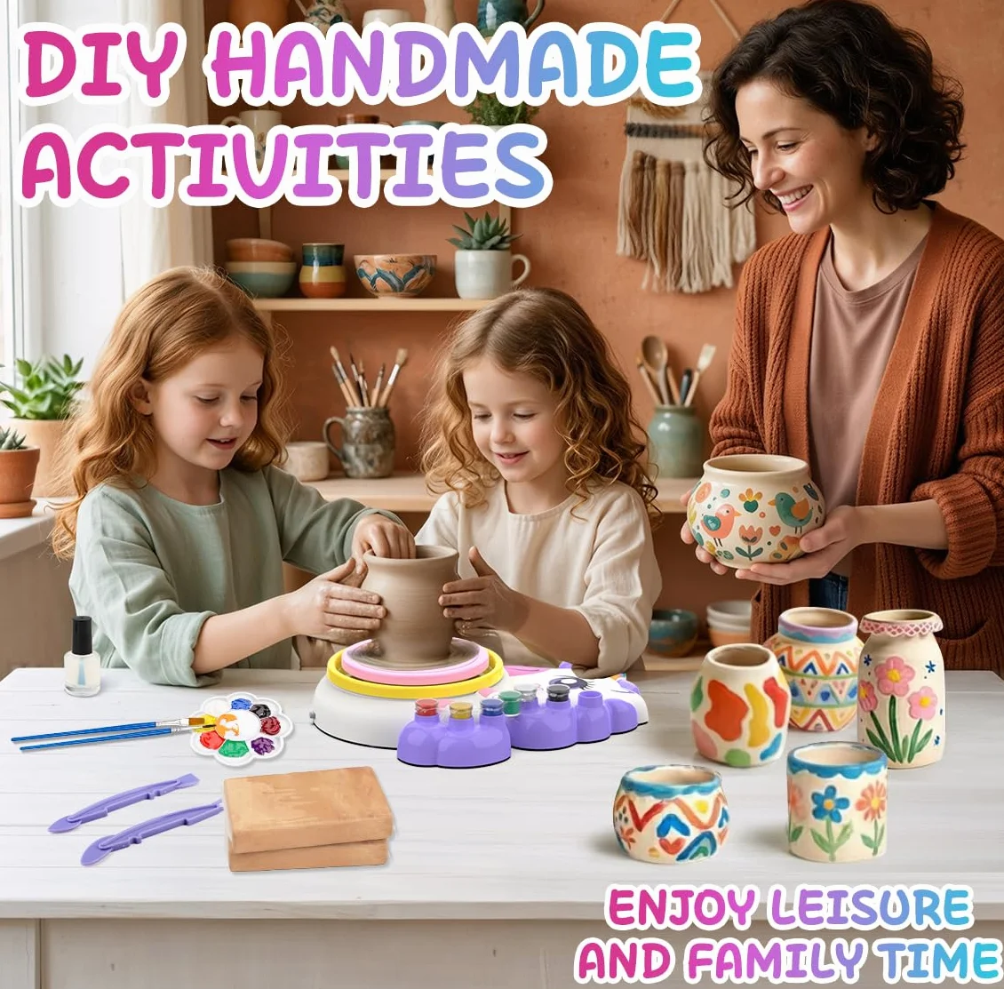 Tornio per Ceramica Bambina 3+ Anni, Fai Da Te Pottery Wheel Kit con Argilla Autoindurente, Lavoretti Creativi per Bambini