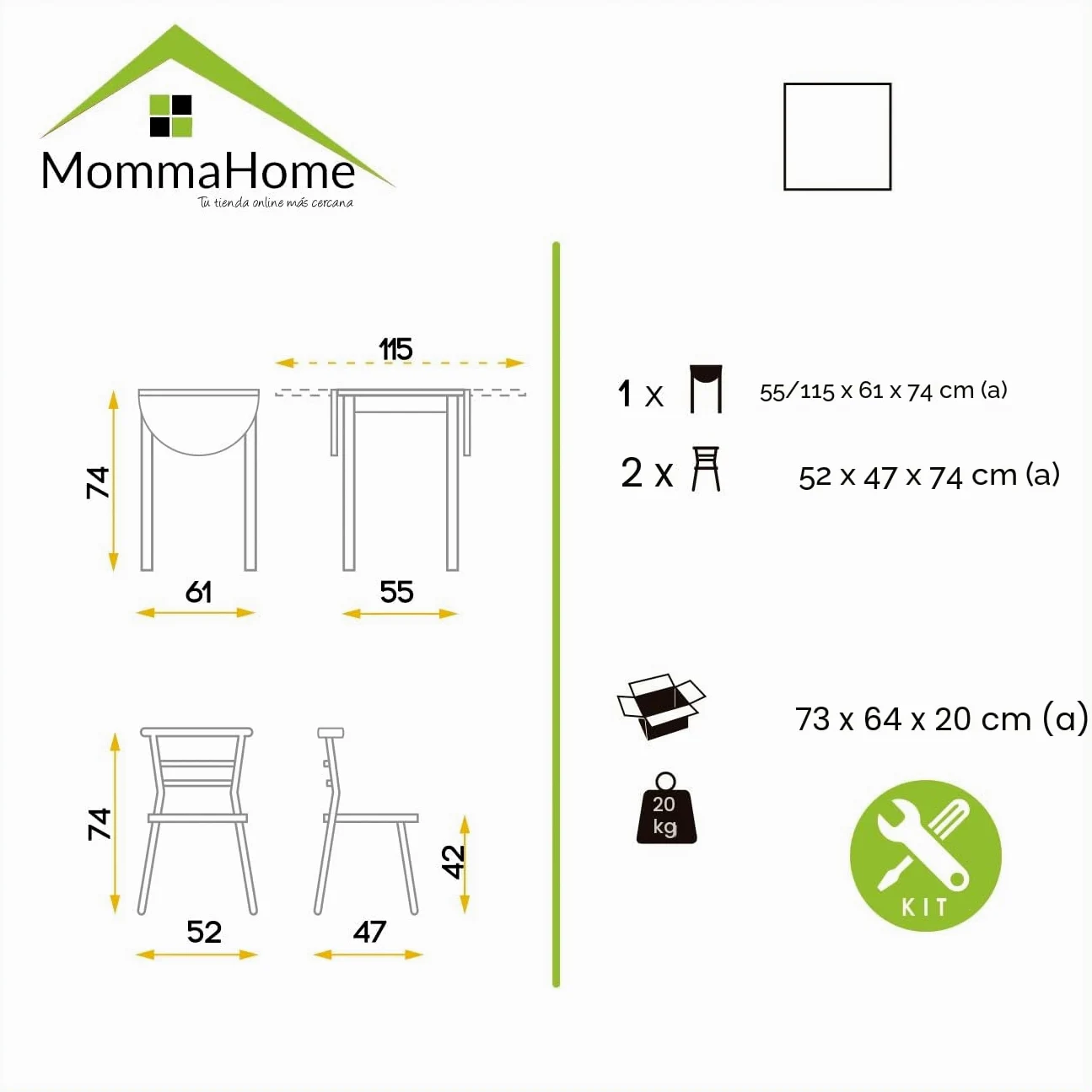MOMMA HOME Tavolo da Cucina Allungabile e Set di 2 Sedie Modello Leva, Colore Bianco
