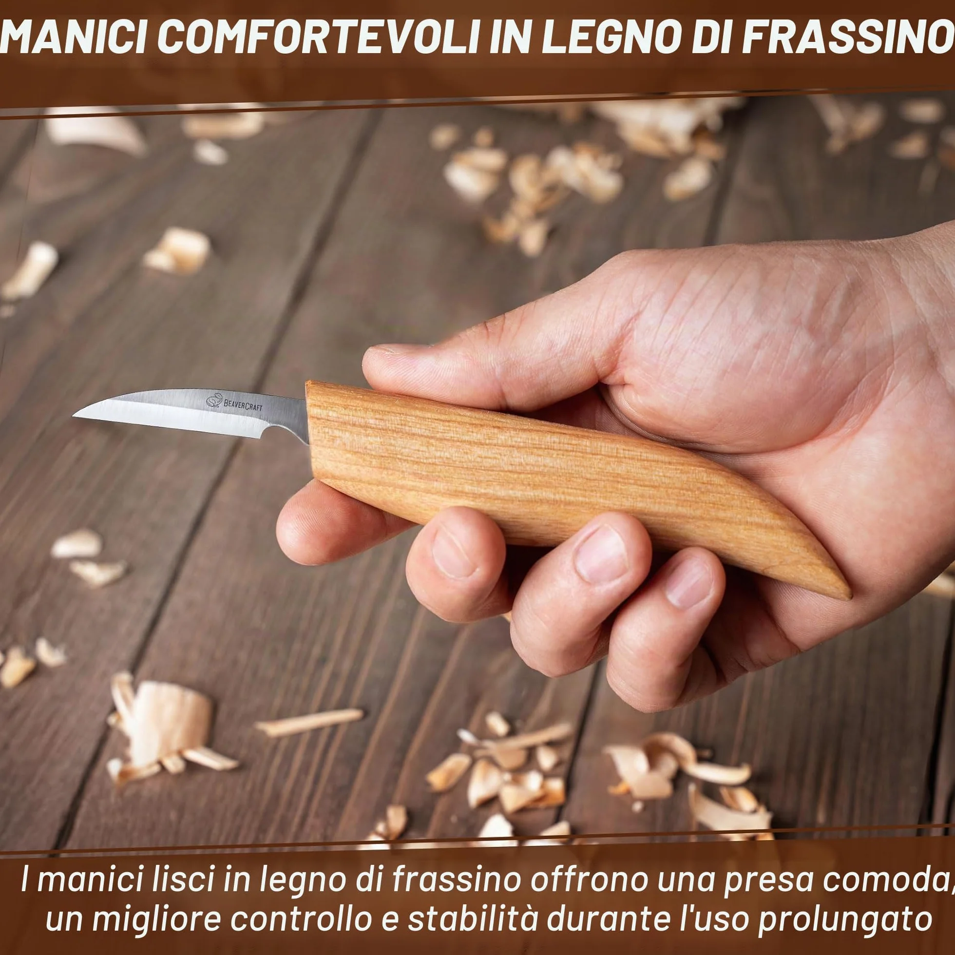 BeaverCraft S13 Kit per intaglio del legno con 3 coltelli - Set utensili per cucchiai, scultura e falegnameria, per principianti destrimani, con coltello a uncino