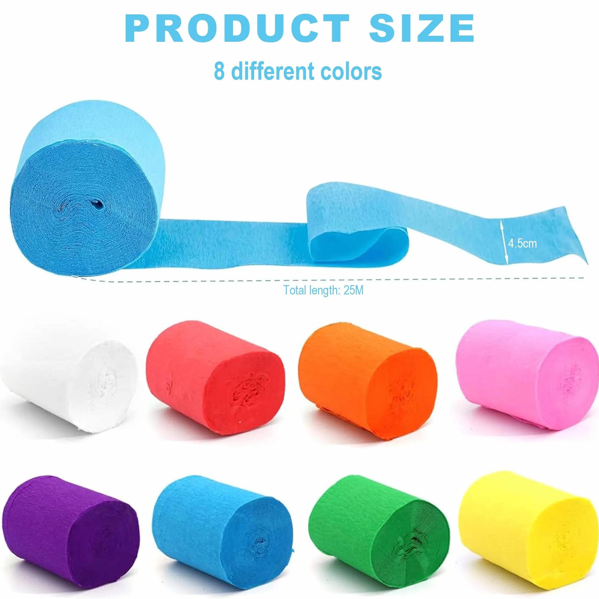 Carta Crespa Colorata 8 Rotoli 4,5 cm x 25 m Nastri Arcobaleno per Decorazioni Feste