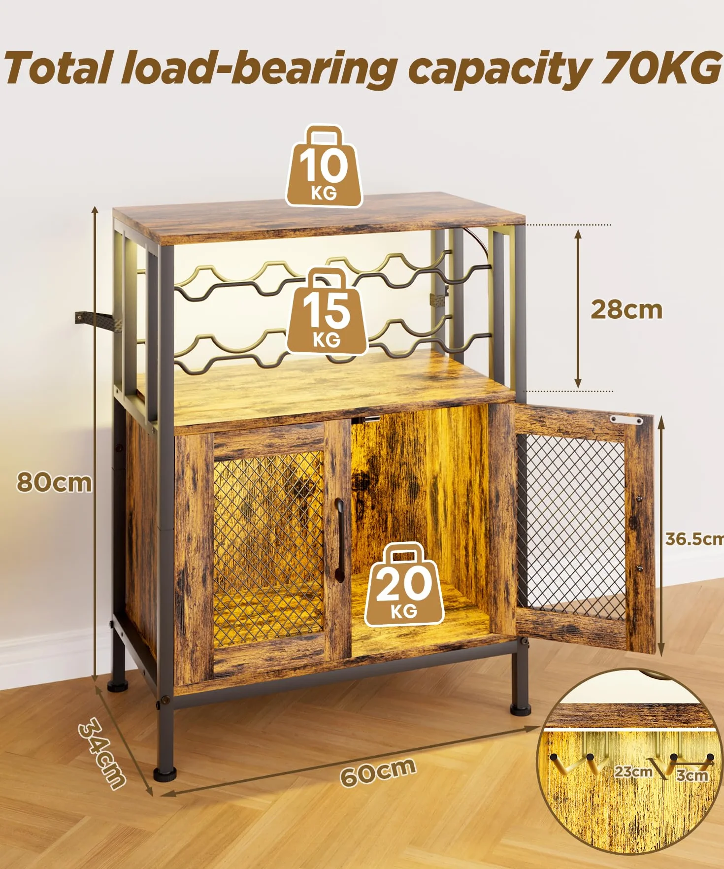 Yorbay Mobili Portabottiglie con Luci LED: Mobile Bar Autoportante con Anta a Griglia per 10 Bottiglie e 6 Bicchieri - Scaffale per Vini in Stile Industriale per Cucina Soggiorno Sala da Pranzo