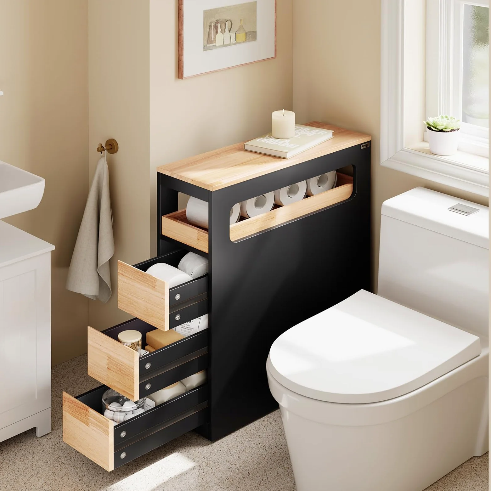 SoBuy Mobiletto Bagno Salvaspazio Cassettiera Bagno Stretto 3 Cassetti con Ruote per Angoli e Nicchie per Piccoli Spazi e Famiglie Nero 65x23x82cm BZR54-II-SCH