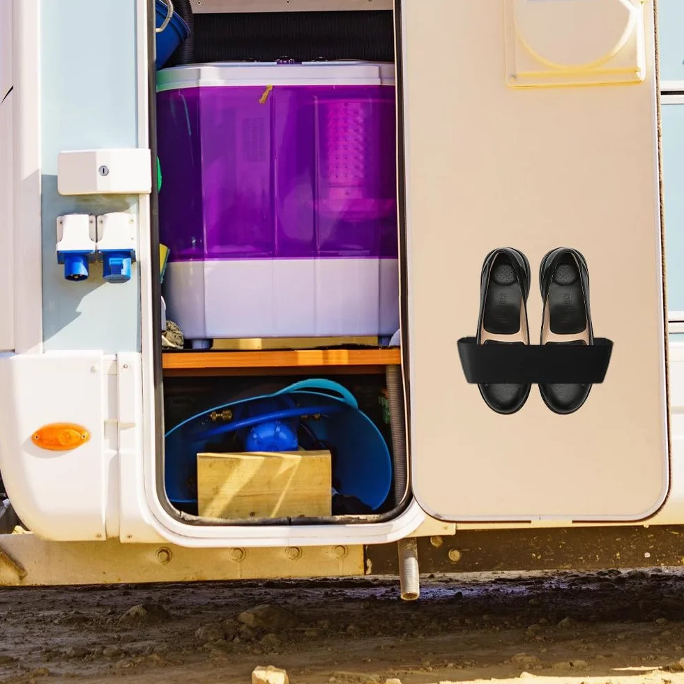DASIAUTOEM Portascarpe da parete per camper, autoadesivi o per forare, organizer per scarpe da campeggio e camper, appendini per scarpe, mensola da parete in plastica, nero, set da 4 pezzi