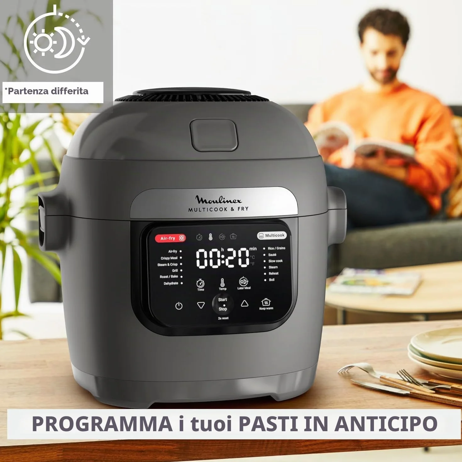 Moulinex Multicook & Fry MZ730BF0 Multicooker e friggitrice ad aria, 12 programmi, cottura 2 piani, 6 L, grigio