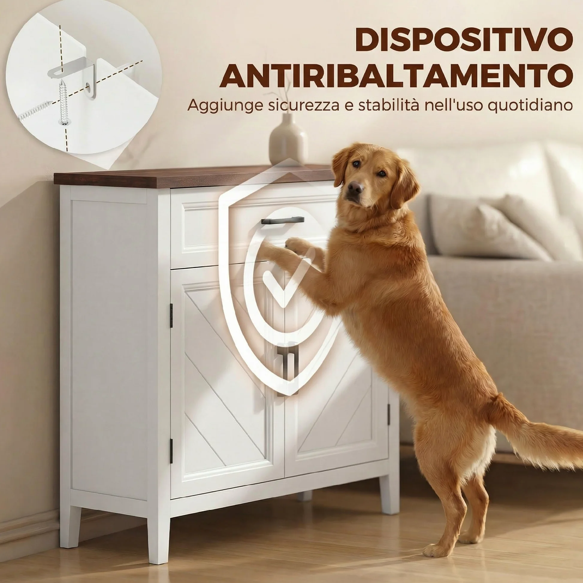 HOMCOM Credenza Cucina, Mobile Cucina con 2 Ante, Ripiano Regolabile e Cassetto, Piano Effetto Legno, Stile Rustico, Credenza Buffet per Soggiorno, Salotto, Sala da Pranzo, 76x35x80 cm, Bianco