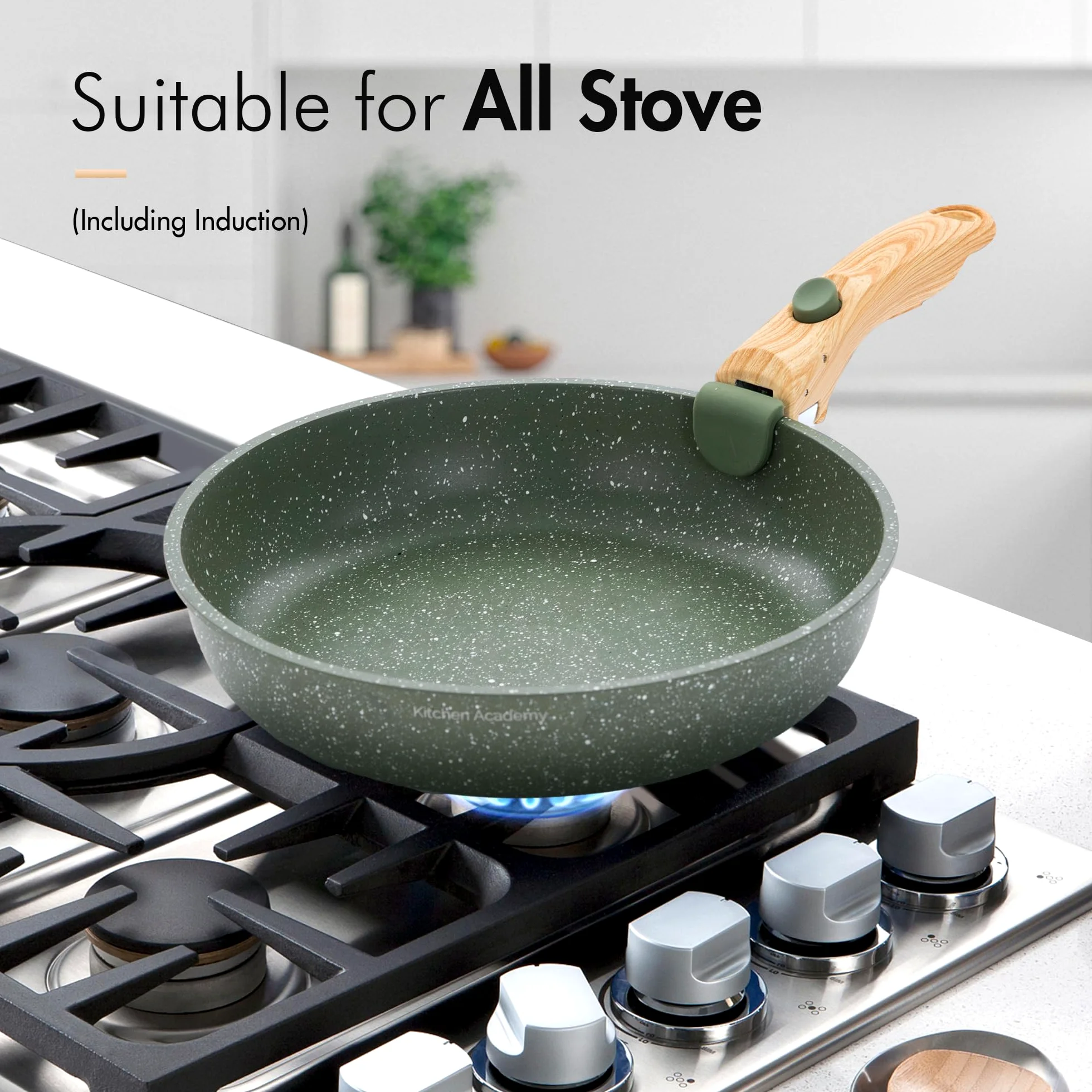 Kitchen Academy Set di pentole antiaderenti, 10 pezzi, pentole e padelle rivestite in granito a induzione con manico staccabile, impilabili, set da cucina per campeggio, campeggio, verde