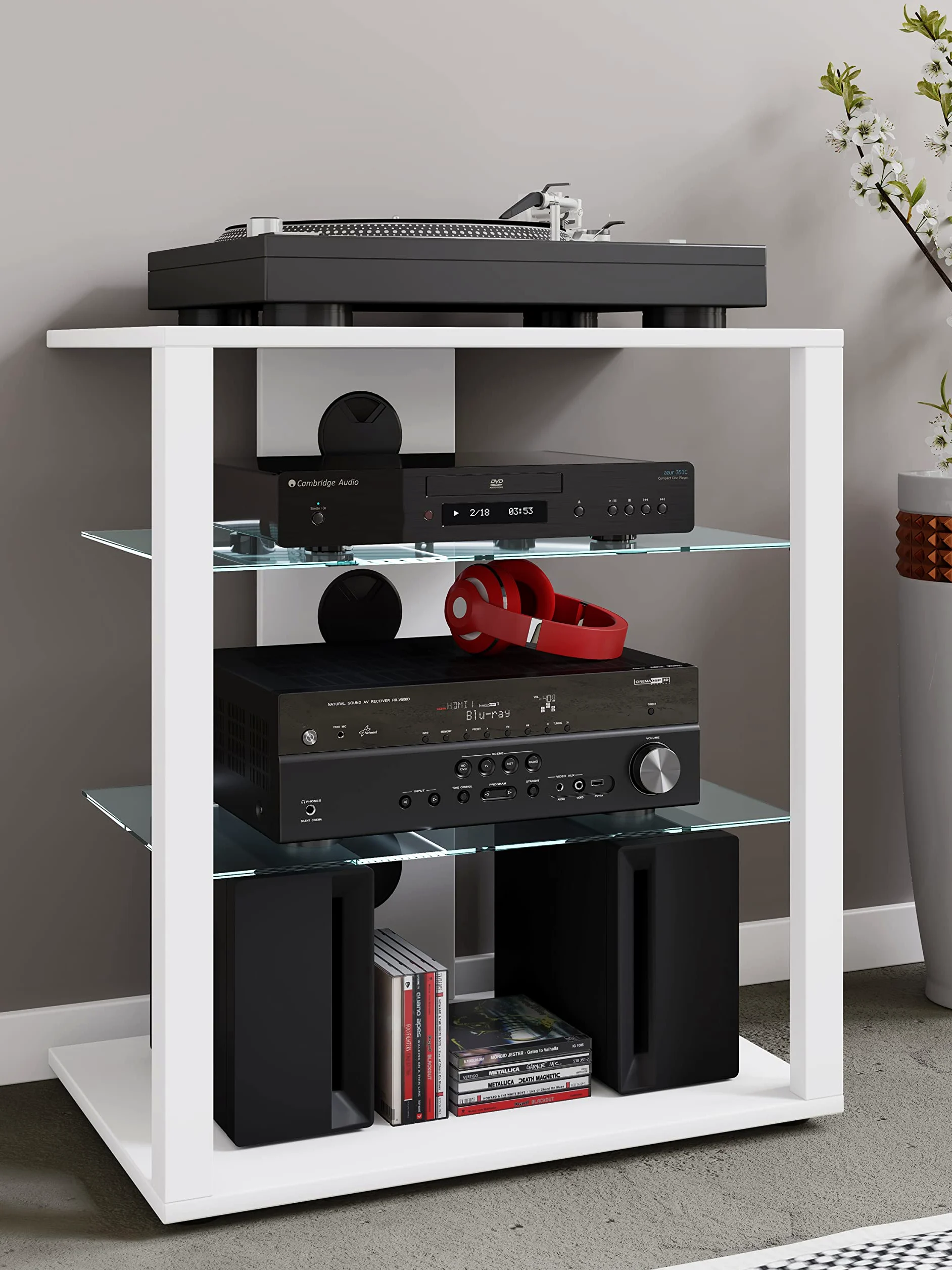 VCM Mobiletto Rack HiFi Scaffale Phono Scaffale Phono Media in Vetro Folas Mobiletto Rack HiFi Scaffale Phono Scaffale Phono Media in Vetro Folas Bianco