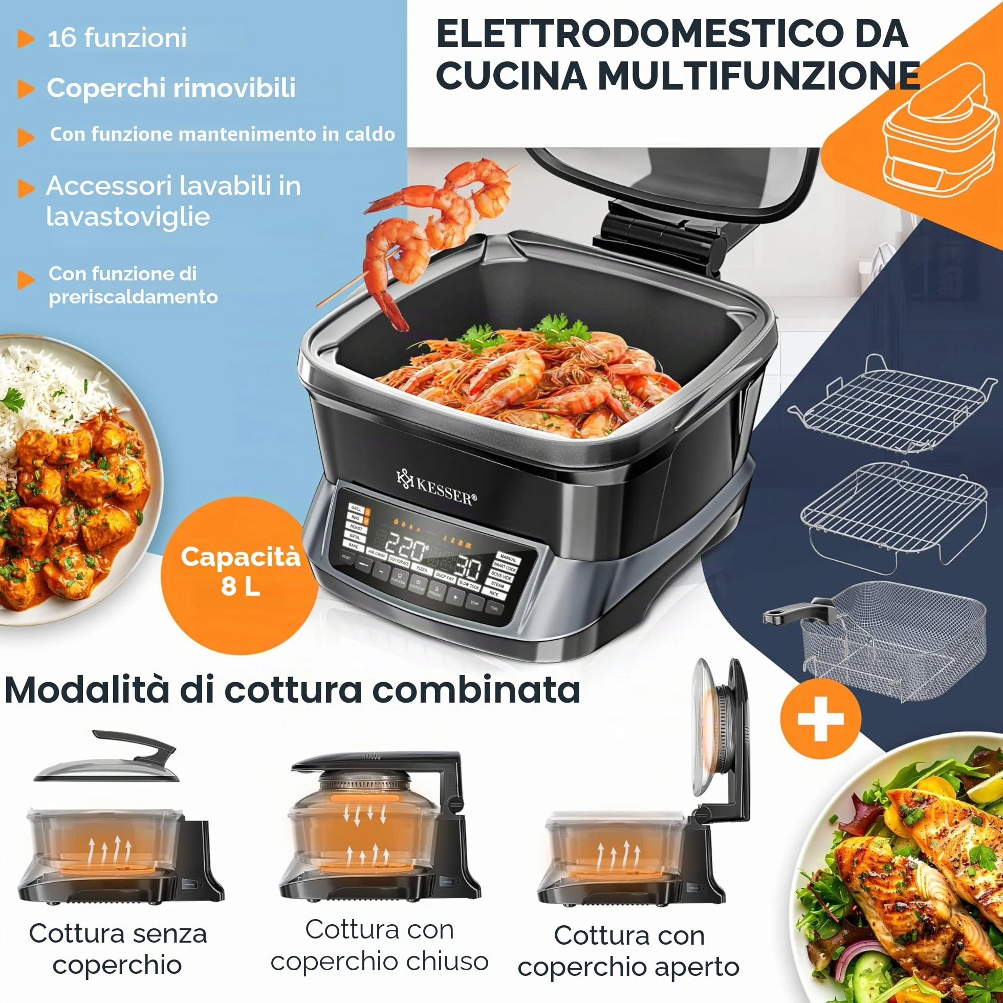 KESSER Fornello multicooker con friggitrice ad aria calda 8L 16 programmi