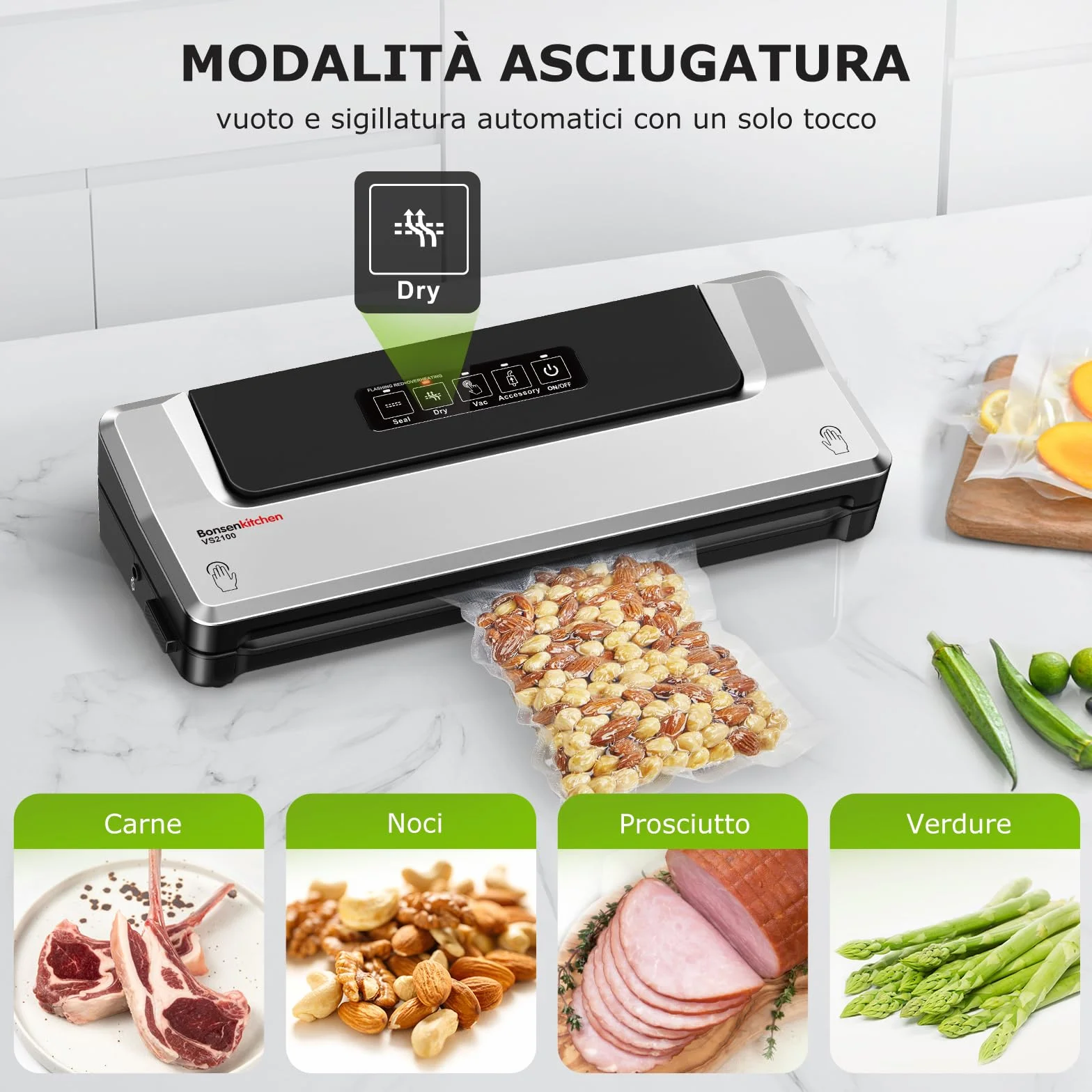 Bonsenkitchen Macchina Sottovuoto per Alimenti 4 in 1, Cottura Sottovuoto e Conservazione, Modalità Vuoto Esterno, 5 Sacchetti