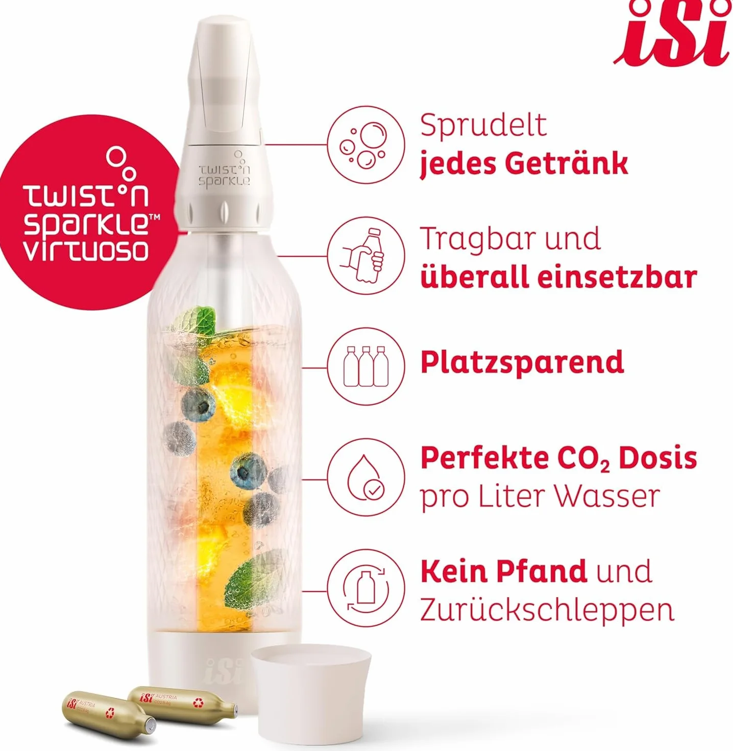 iSi Twist'n Sparkle Virtuoso Spruzzatore d'acqua 0,95 l – Soda Maker per acqua frizzante, succhi e cocktail – Sprudler & Soda Maker con custodia in silicone antiscivolo – Macchina alternativa per