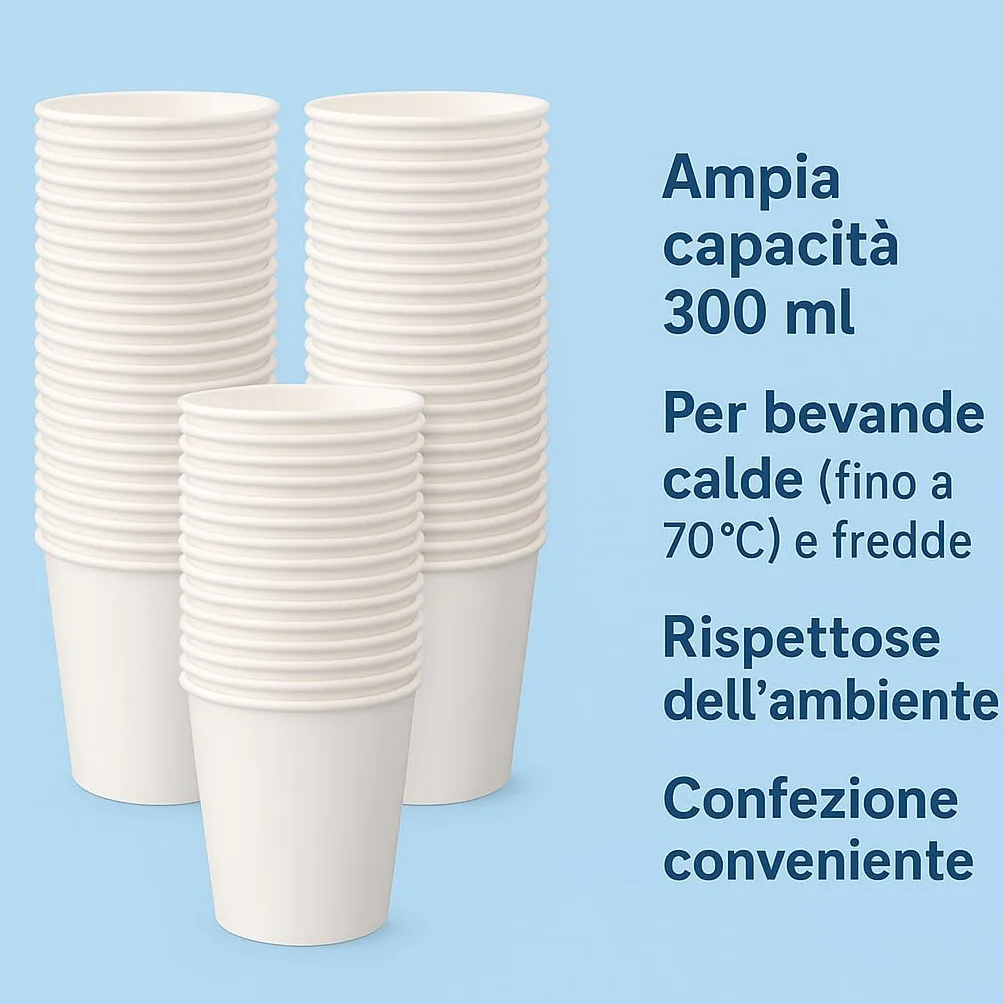 Bicchieri in carta biodegradabile 300 ml 1000 pezzi bianchi per bevande calde e fredde