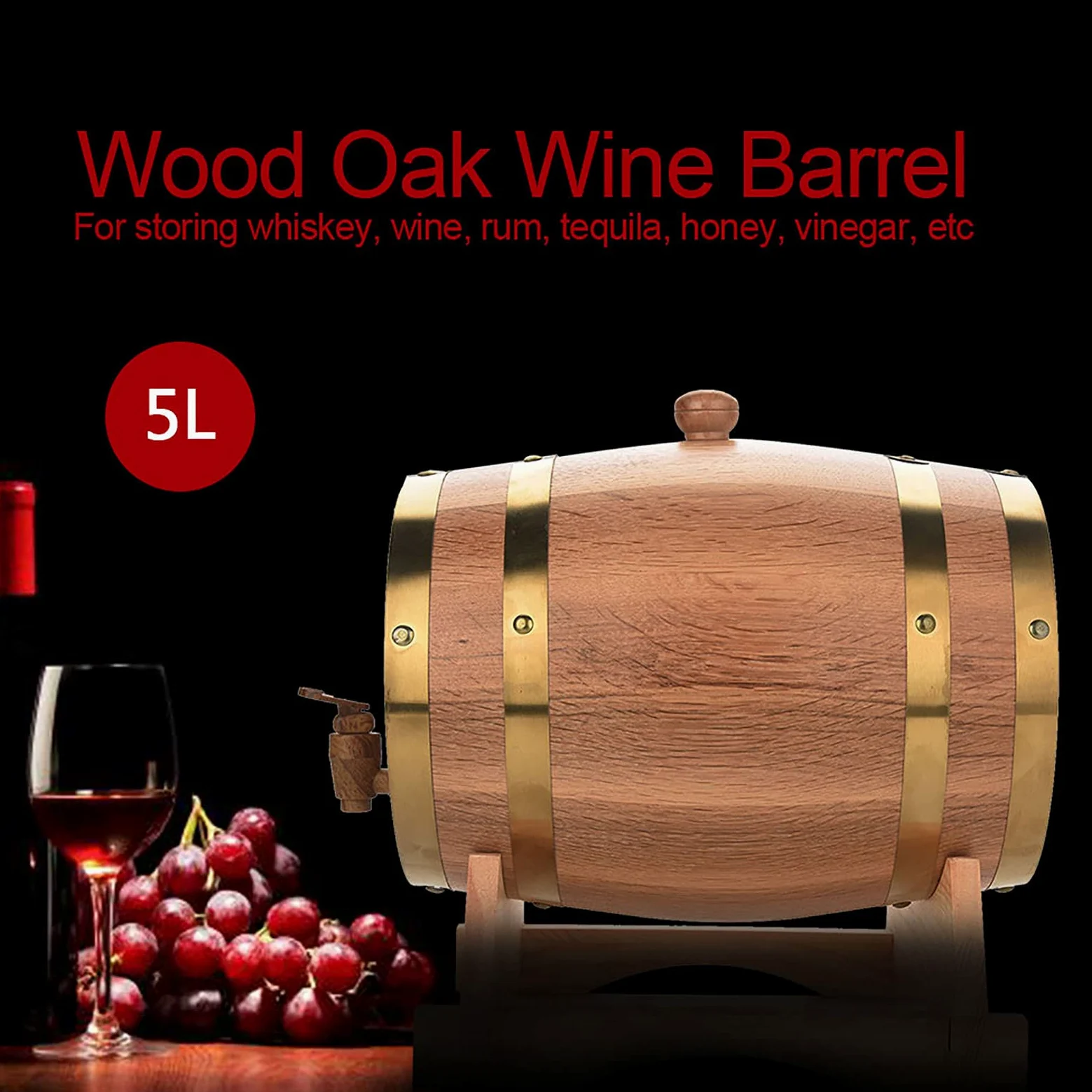 Cocoarm Botte di Vino Vintage in Legno di Quercia per Birra, Whisky, Rum, per la Conservazione di Vino Pregiato, Brandy, Whisky, Tequila (5L)