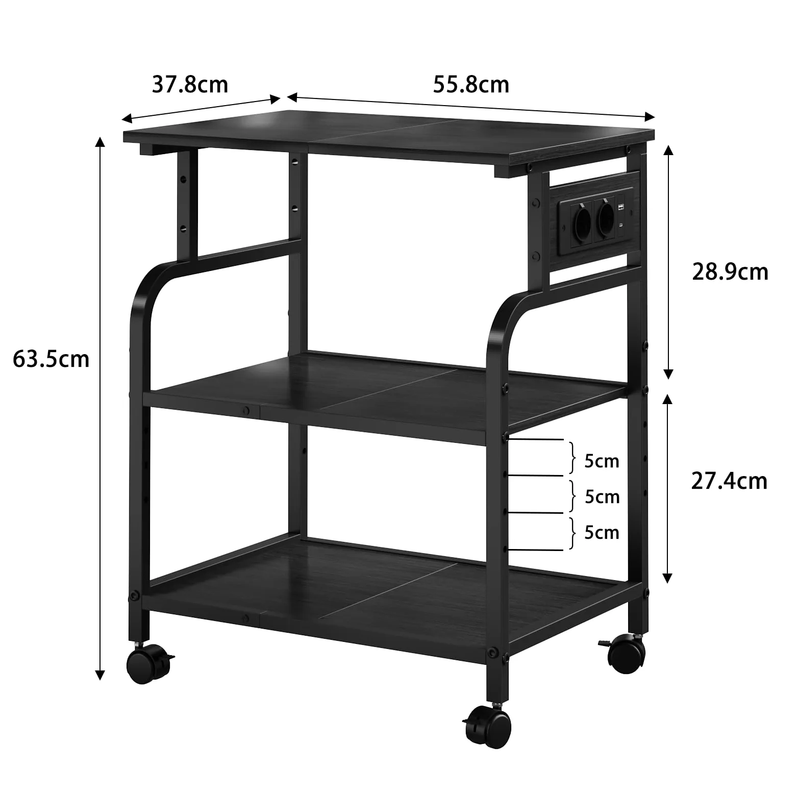 Supporto per Stampante a 3 Livelli con Prese USB e Ruote – Carrello Porta Stampante, Mobiletto da Terra, Mobile per Stampante 3D, Supporto Stampante e Tavolo per Stampante, Nero