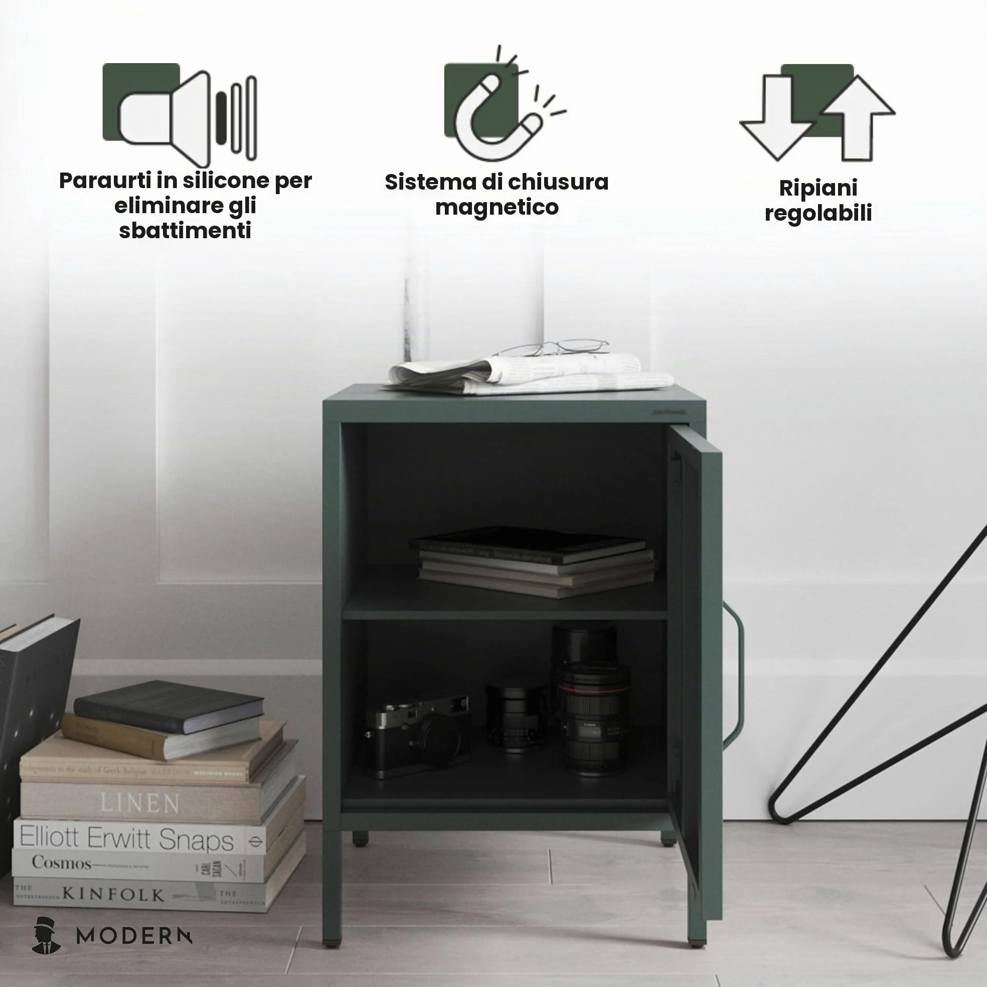 Jan Nowak Comodino Camera da Letto in Metallo - MIA | Comodino Piccolo Scintillante con 1 Ripiano Regolabile | Armadietto Moderno, Stile Industriale | 42,4 x 59,5 x 40 cm | Verde Scuro