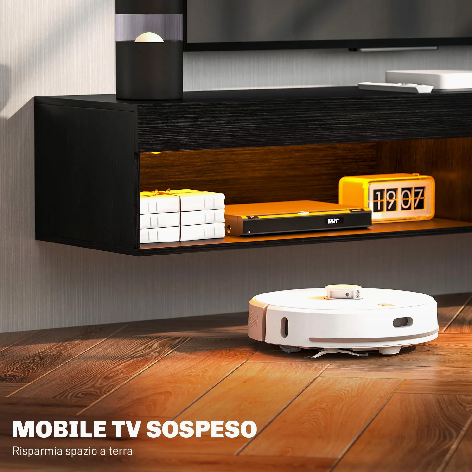 HOMCOM Mobile Porta TV fino 75" Sospeso con Luci LED 16 Colori e Modalità Regolabile con Telecomando, Mobile TV Sospeso in Legno, 180x40x30 cm, Nero
