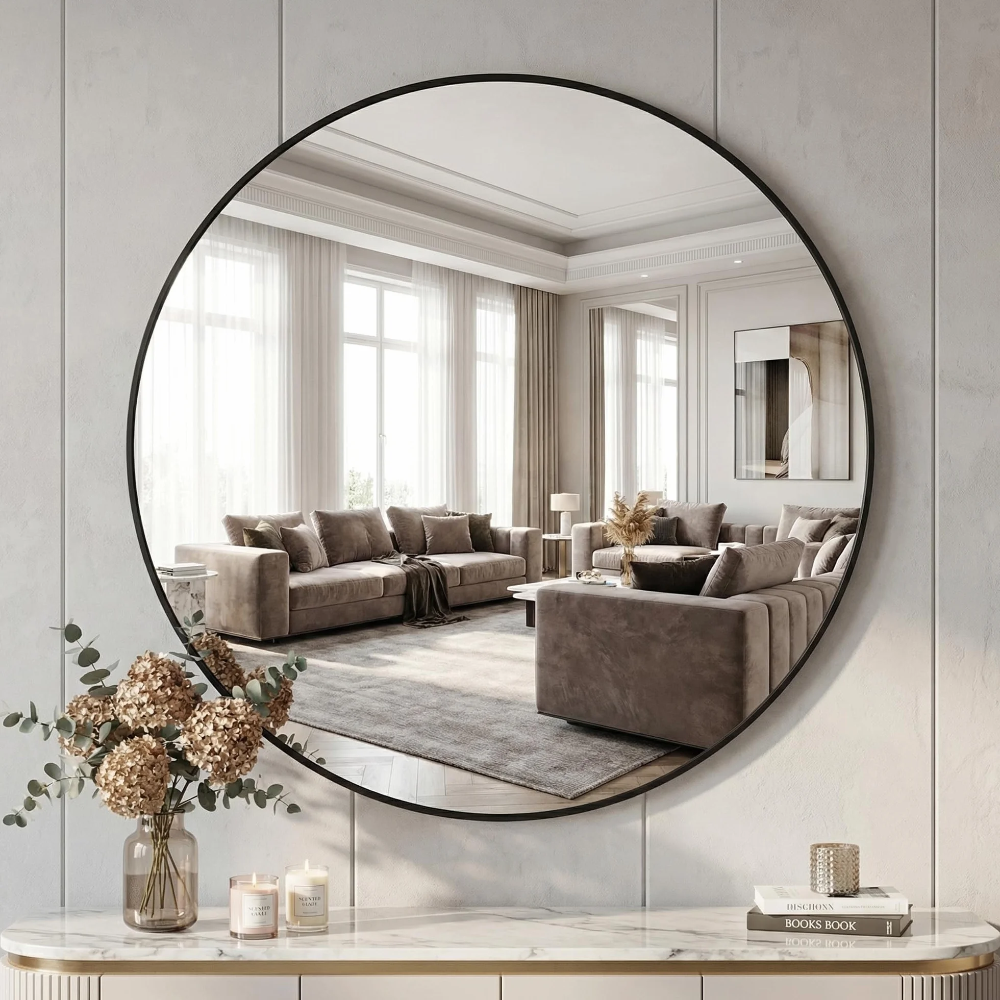 BEAUTYPEAK - Specchio rotondo da 90 cm, specchio da parete anti-rottura con cornice in alluminio, specchio da bagno da appendere e appoggiare, specchio rotondo da parete per camera da letto, bagno