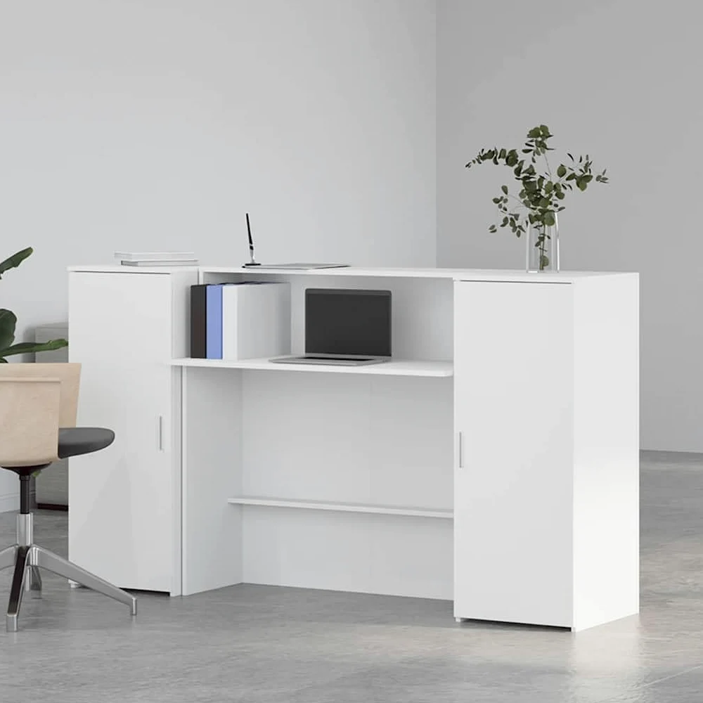 Bancone per ricevimento, bianco, 180 x 50 x 103,5 cm, in legno, moderno bancone con 2 armadi e ripiano per bancone per ufficio, hotel, prassi e saloni di bellezza