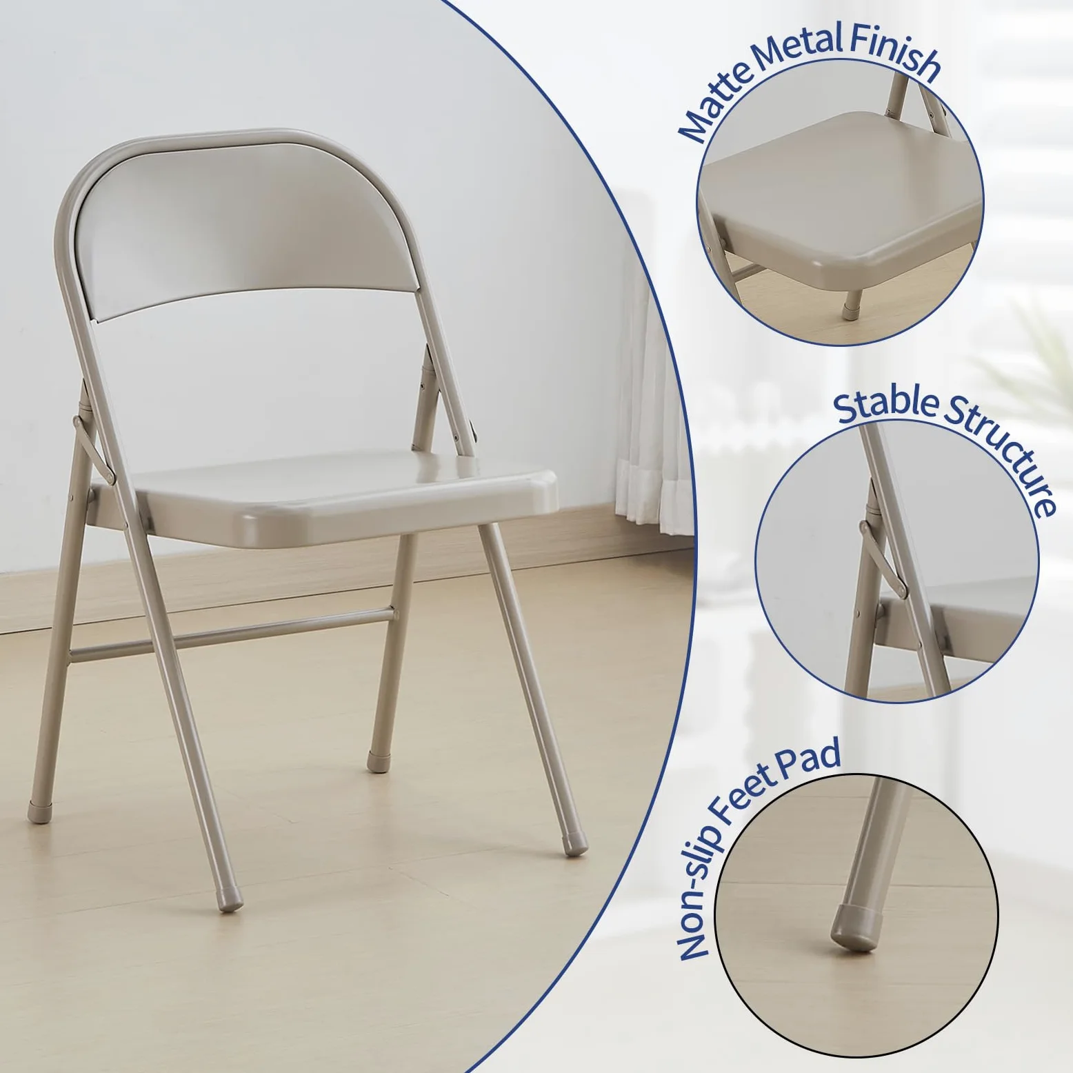 KAIHAOWIN Set 4 Sedia Pieghevole in Metallo, Sedie Pieghevoli Salvaspazioin, sedia pieghevole acciaio, Sedie Pieghevoli da Interno per Riunioni, Ufficio, Feste di Nozze, Eventi, Beige