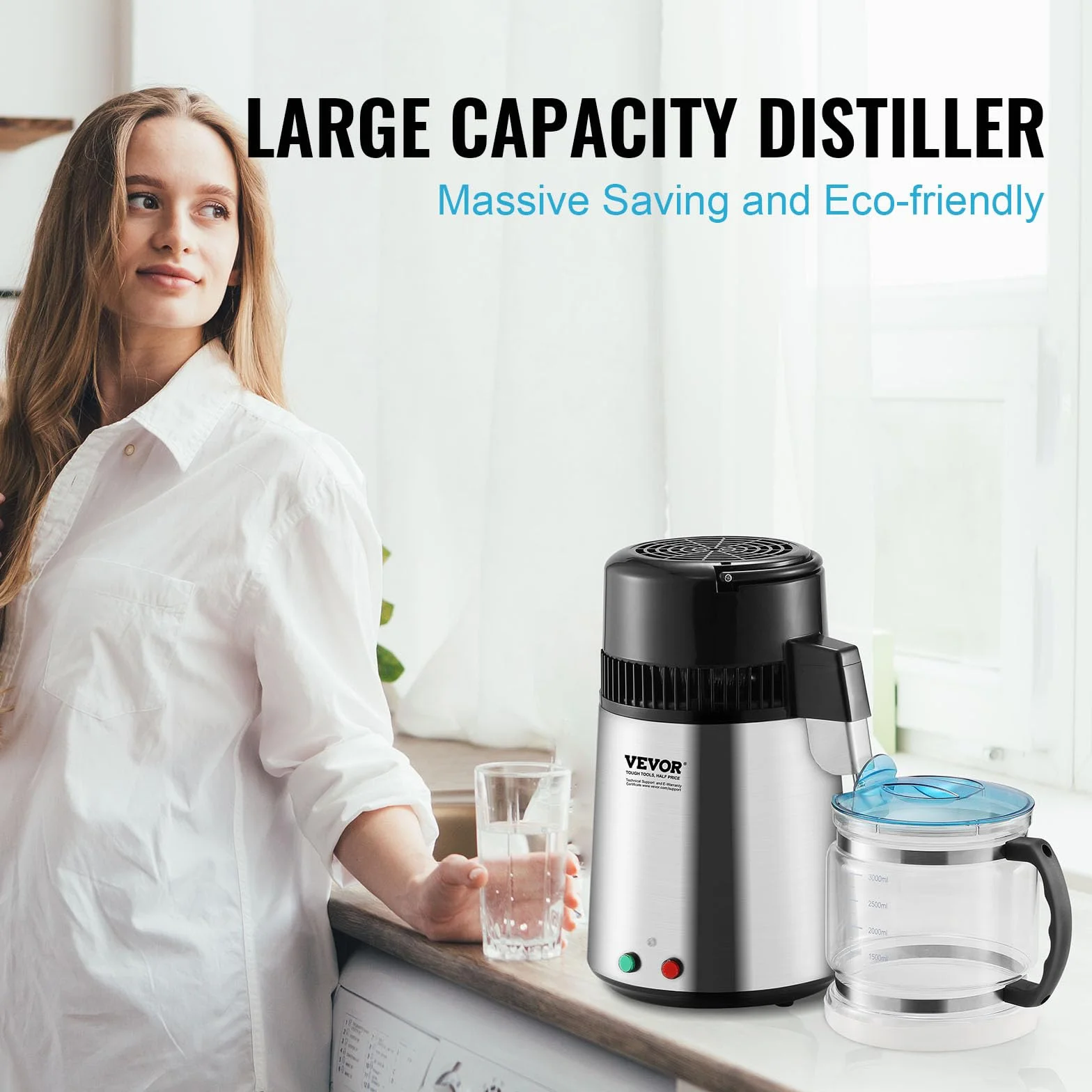 VEVOR Distillatore d'Acqua 4L Macchina per Acqua Distillata 1L/h 750W, Macchina per Distillare Acqua Uso Alimentare Contenitore Interno Vetro Acciaio Inox per Purificazione Acqua Casa Ufficio Clinica