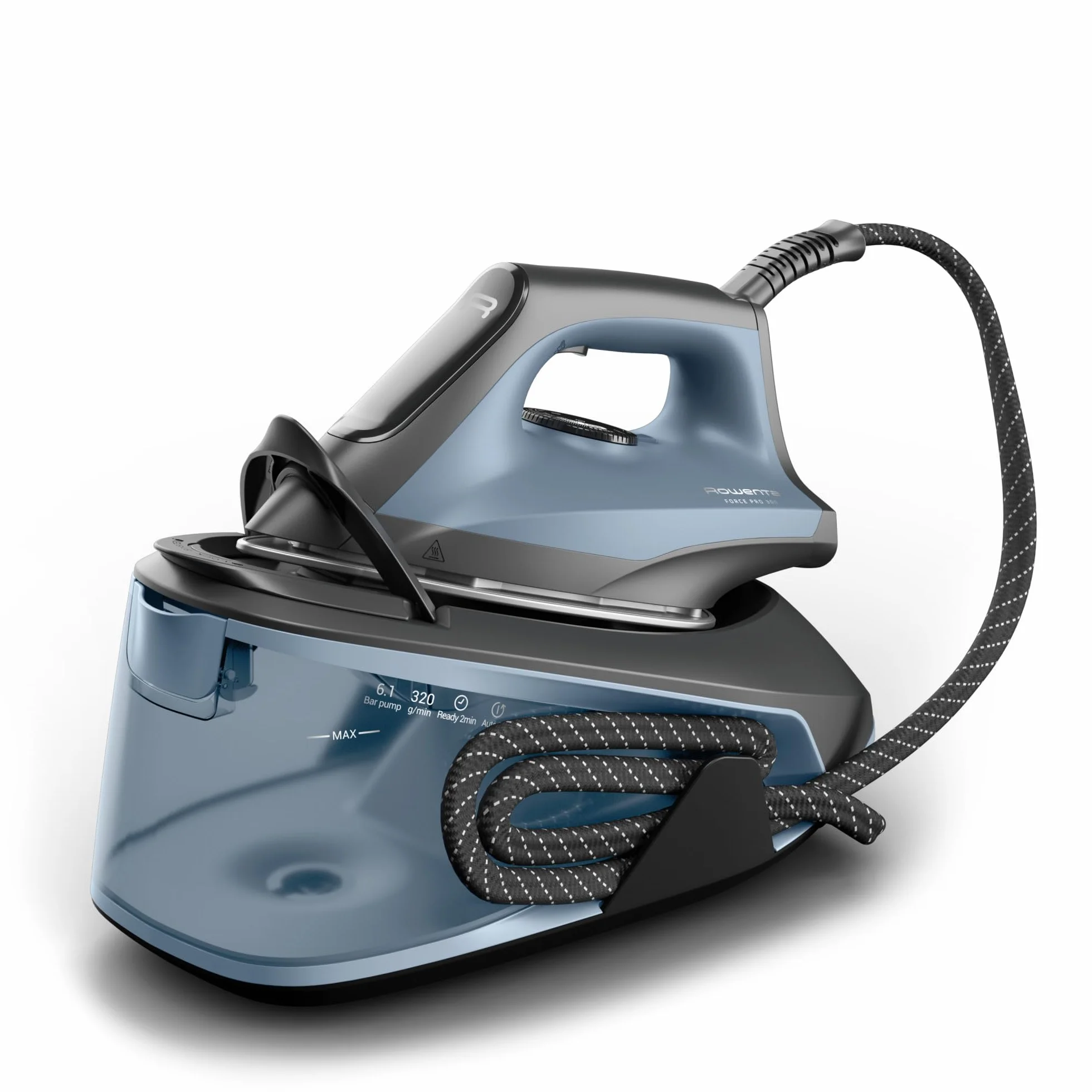 Rowenta Force Pro 300, Ferro da Stiro con Generatore di Vapore 320 g/min, Alta Pressione 6.1 Bar, -25% di Consumo Energetico in Modalità Eco, Funzione Verticale, 2400W, VR5431, Color Acqua