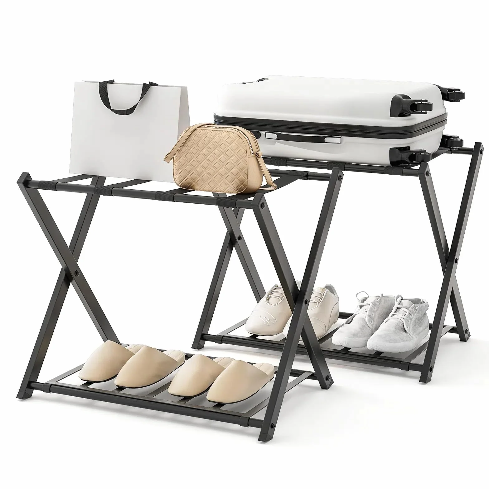 GIANTEX Portavaligia Pieghevole 70 kg 2 Ripiani Scarpiera Ferro 63,5x44x67 cm Nero