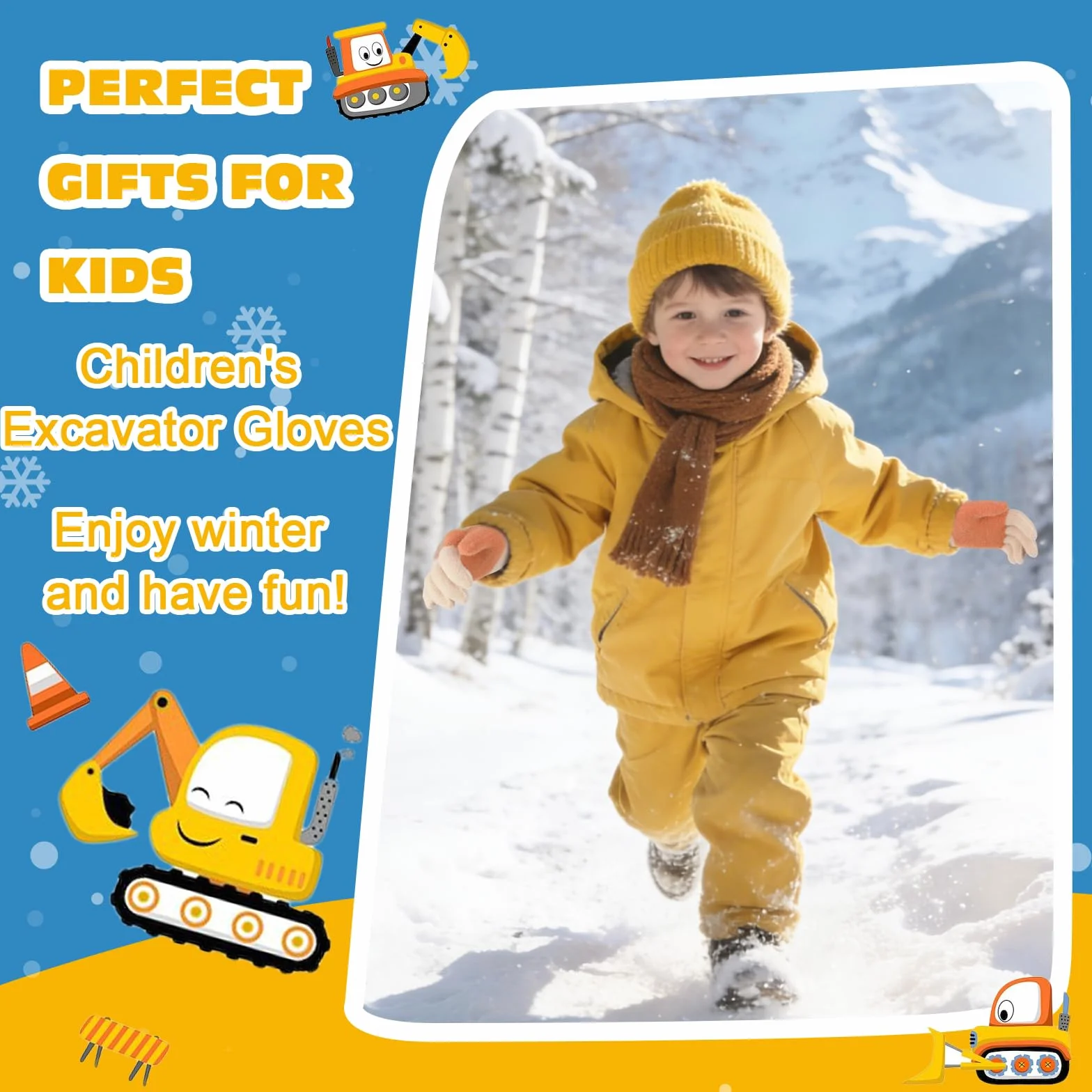 QKURT Guanti magici per bambini motivo a escavatore 3 paia guanti invernali termici elasticizzati dita intere 1-3 anni