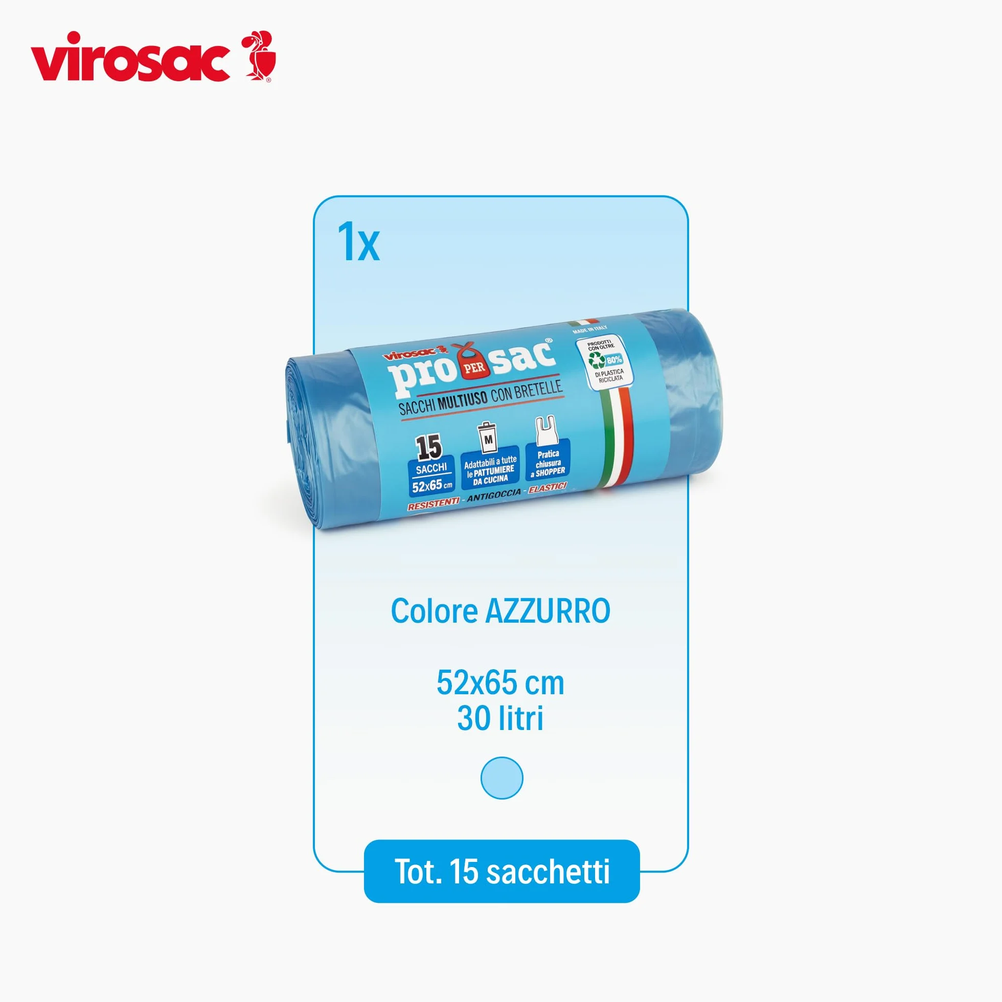 Virosac - Proxsac - Sacchetti profumati a forma di shopper 52x65, 15 pezzi per rotolo, al profumo di talco