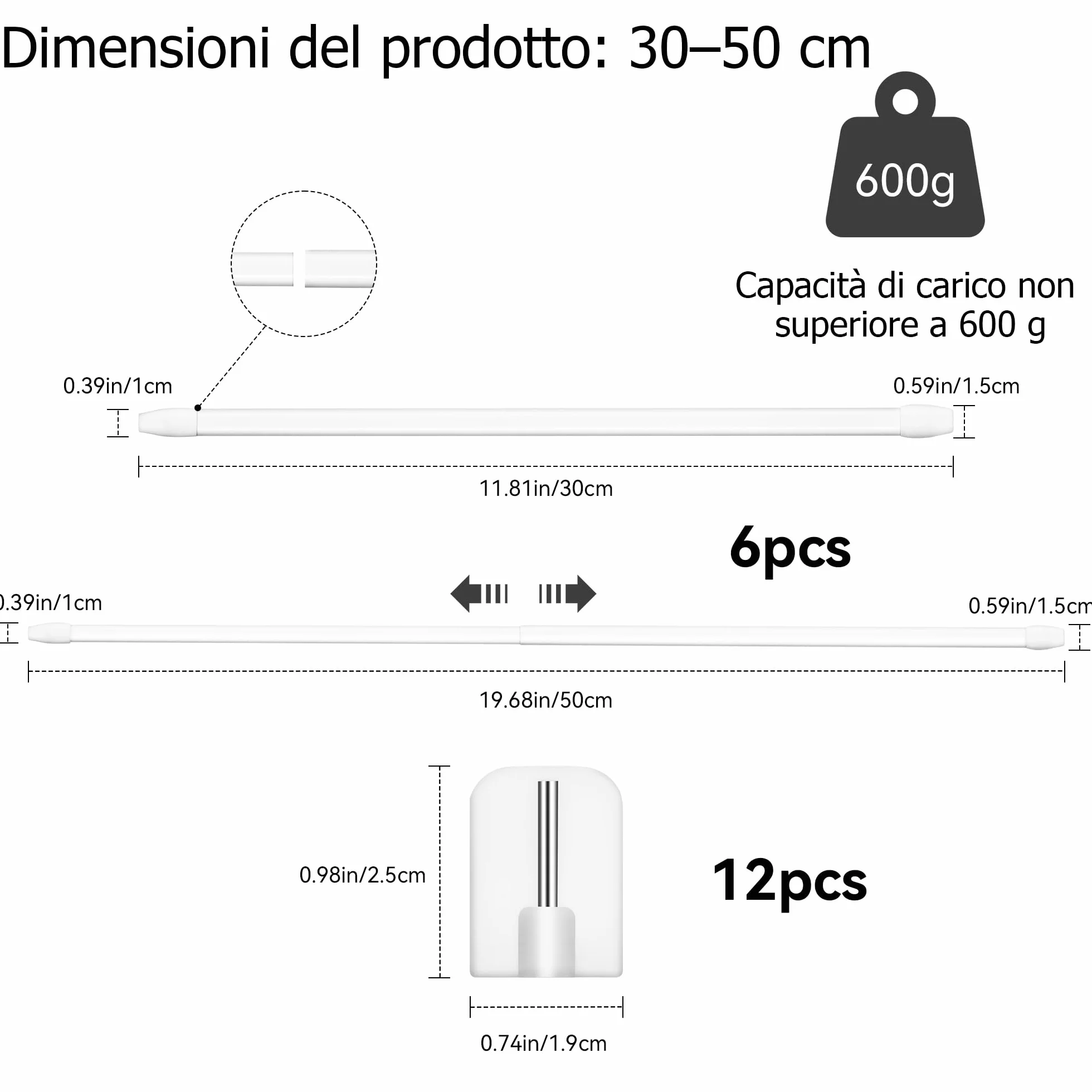 Asta Telescopica Regolabile 30-50cm Bastone Tenda Estensibile 6 Pezzi per Tende a Vetro Porta Finestra con Ganci Adesivi