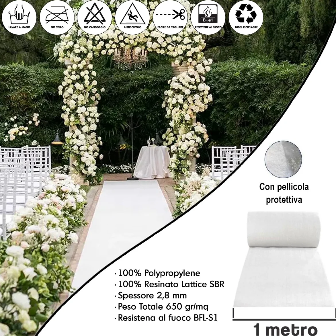 MASTERBRICO Passatoia Bianca Matrimonio, Tappeto Bianco Sposa per Navata Nunziale Chiesa, Cerimonia Festa ed Eventi, con Pellicola Protettiva (1x10mt, BIANCO)