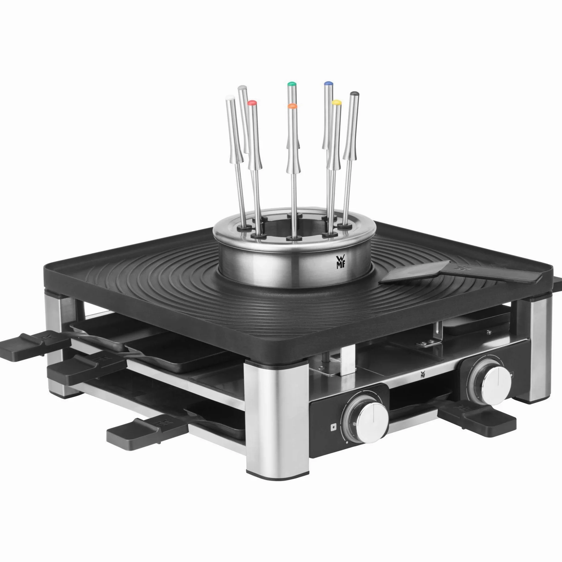 WMF Gourmet Station Lumero 3 in 1 in Acciaio Cromargan, Raclette, Fonduta e Griglia Elettrica Tutto in 1 per 8 Persone, con 8 Tegamini, 8 Spatole per Formaggio e 8 Forchette,Display LCD,Potenza 1800W
