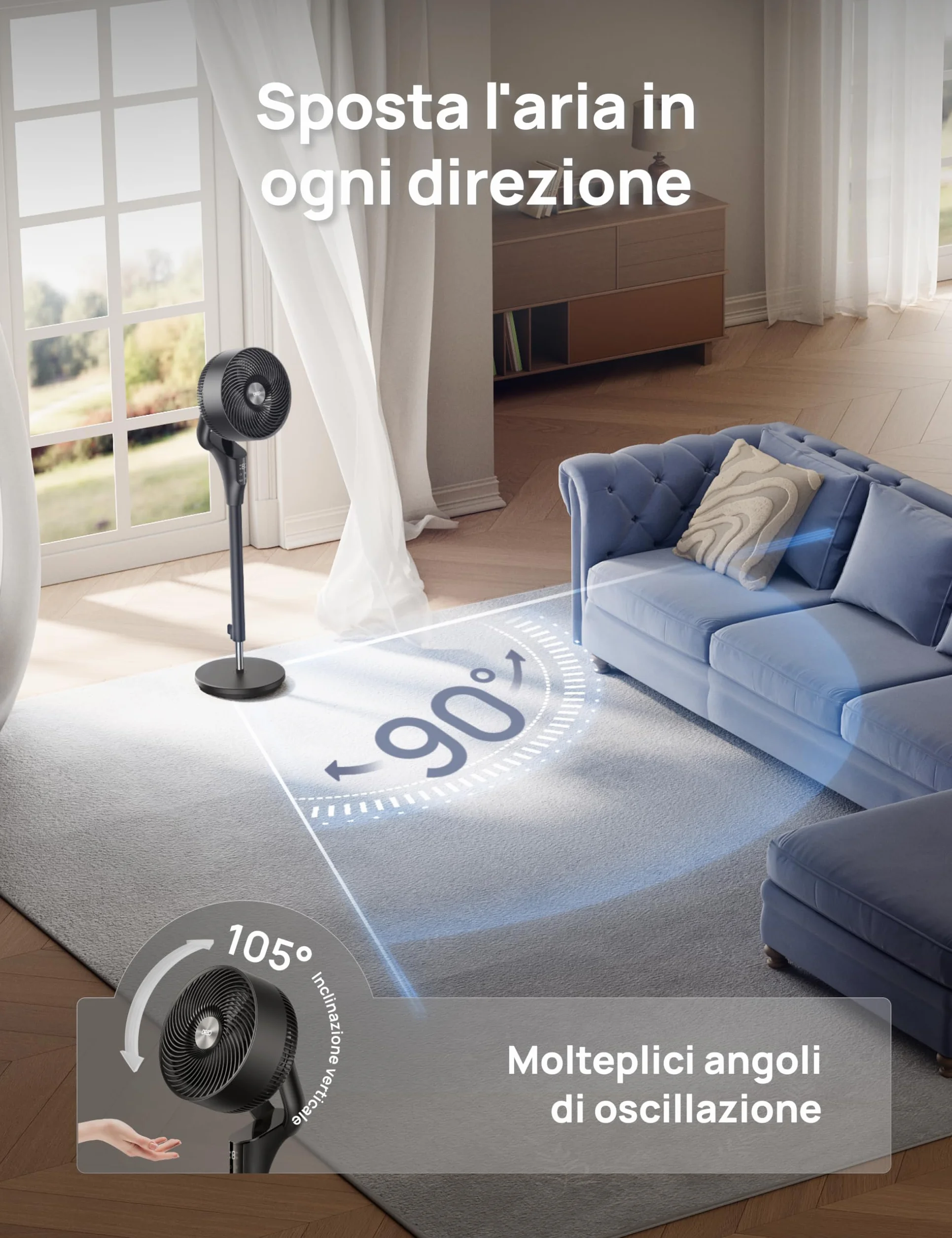 DREO Ventilatore a Piantana Silenzioso per Camera da Letto [Aggiornato], Flusso d’Aria 27m, 20dB, Oscillazione 90°, Motore DC, 8 Velocità, 3 Modalità, Altezza 96–106cm, Timer 8H, Inclinazione 105°