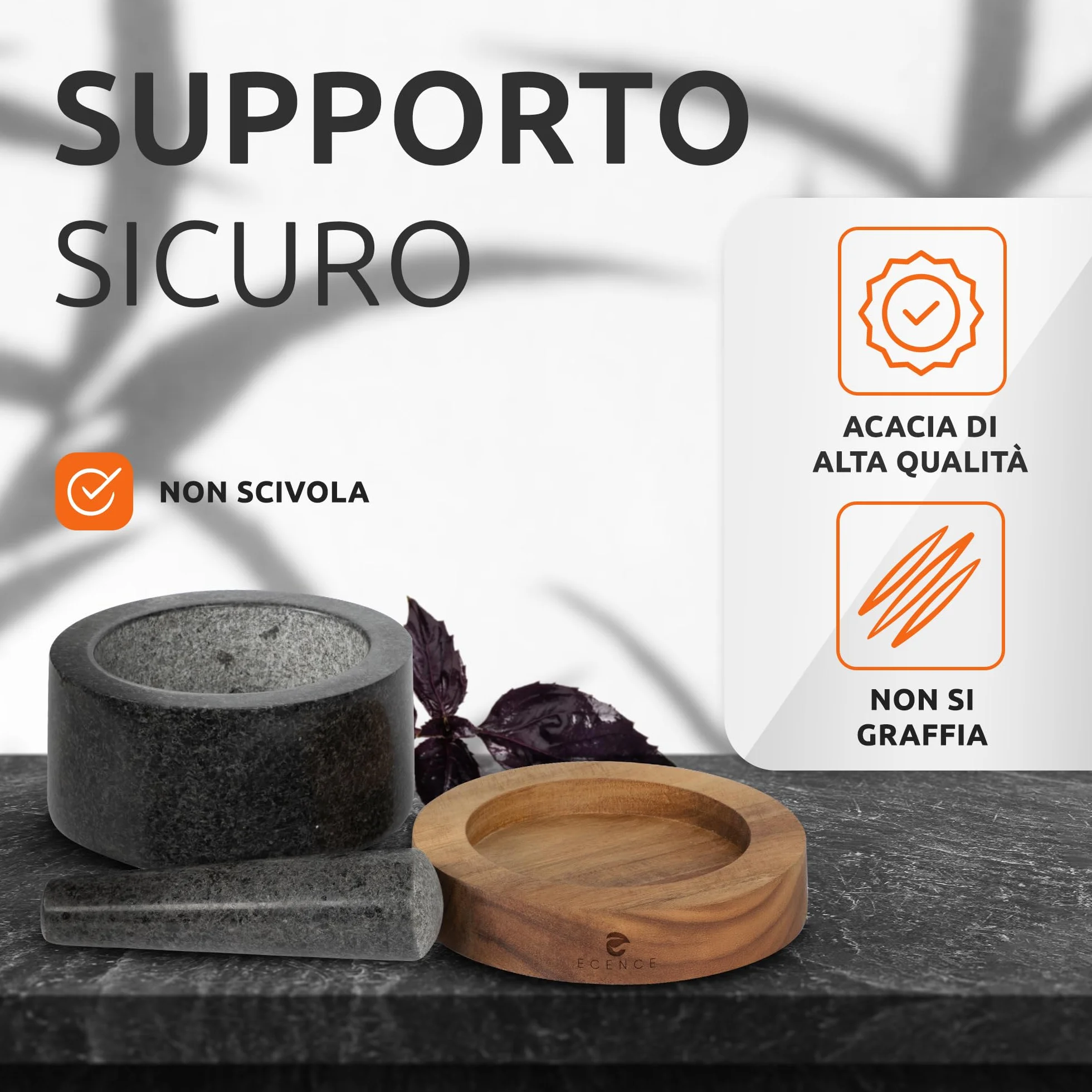 ECENCE Mortaio con Pestello in granito Ø15,5cm base in legno acacia per erbe e spezie