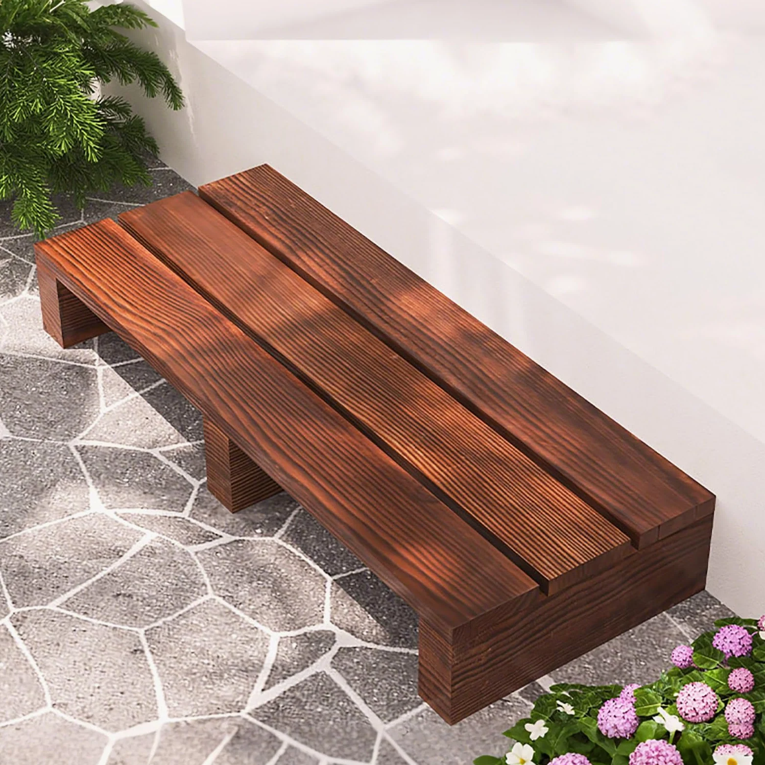 Sgabello in Legno con pedana Bassa in Legno carbonizzato, Sgabello a Un Gradino per Comodino, Bagno, Cucina, Giardino (Non Richiede Montaggio)(80x35x10cm)